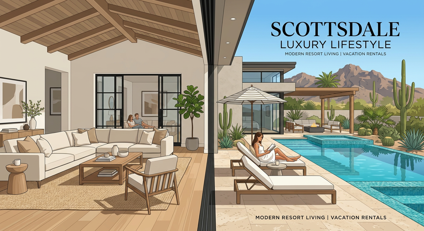 Modern interior and exterior split-scene illustration showing a Scottsdale luxury rental lifestyle, with a stylish living ...