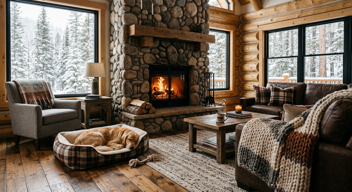 Modern rustic interior of a pet friendly mountain cabin with a dog bed near a stone fireplace, hardwood floors, cozy throw...