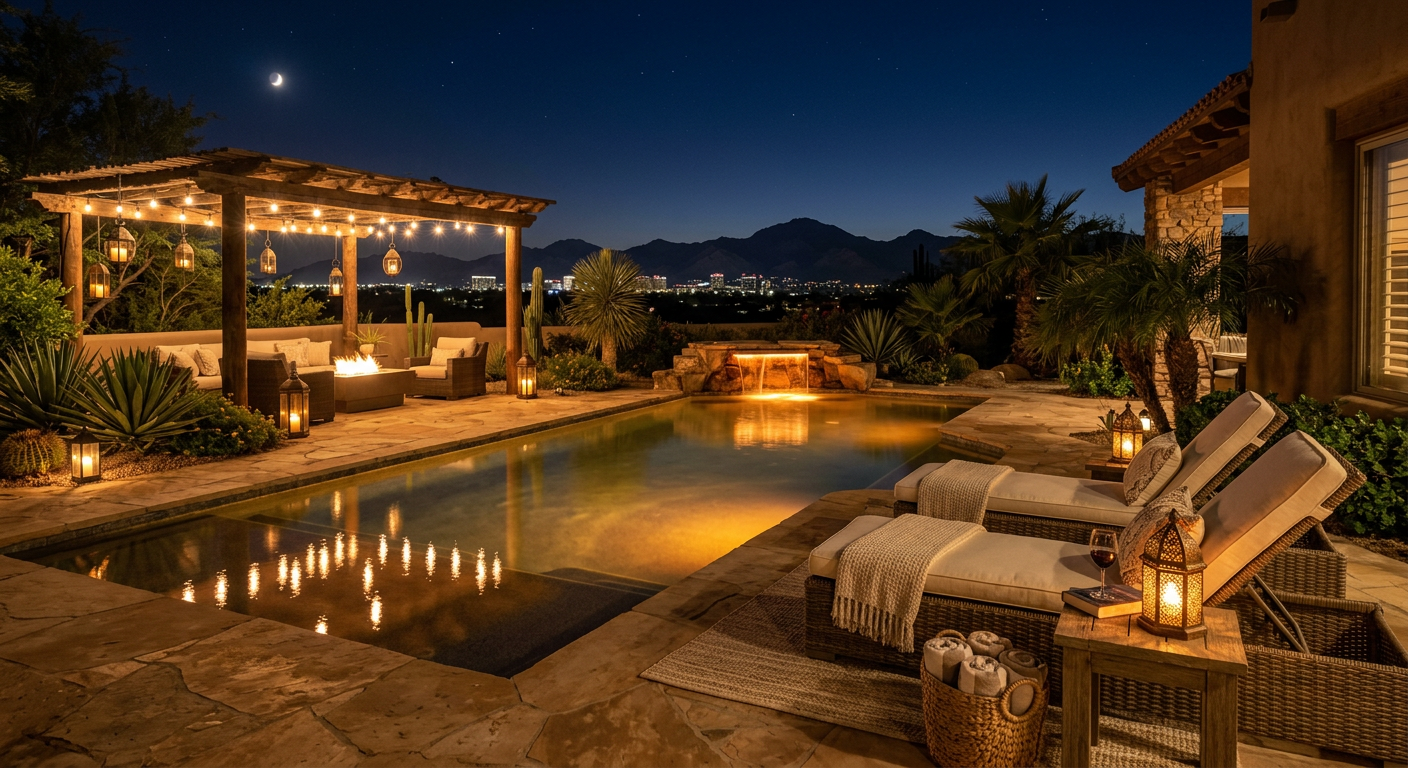 Elegant desert patio scene at night with a softly lit luxury pool, glowing lanterns, comfortable lounge chairs, and a sere...
