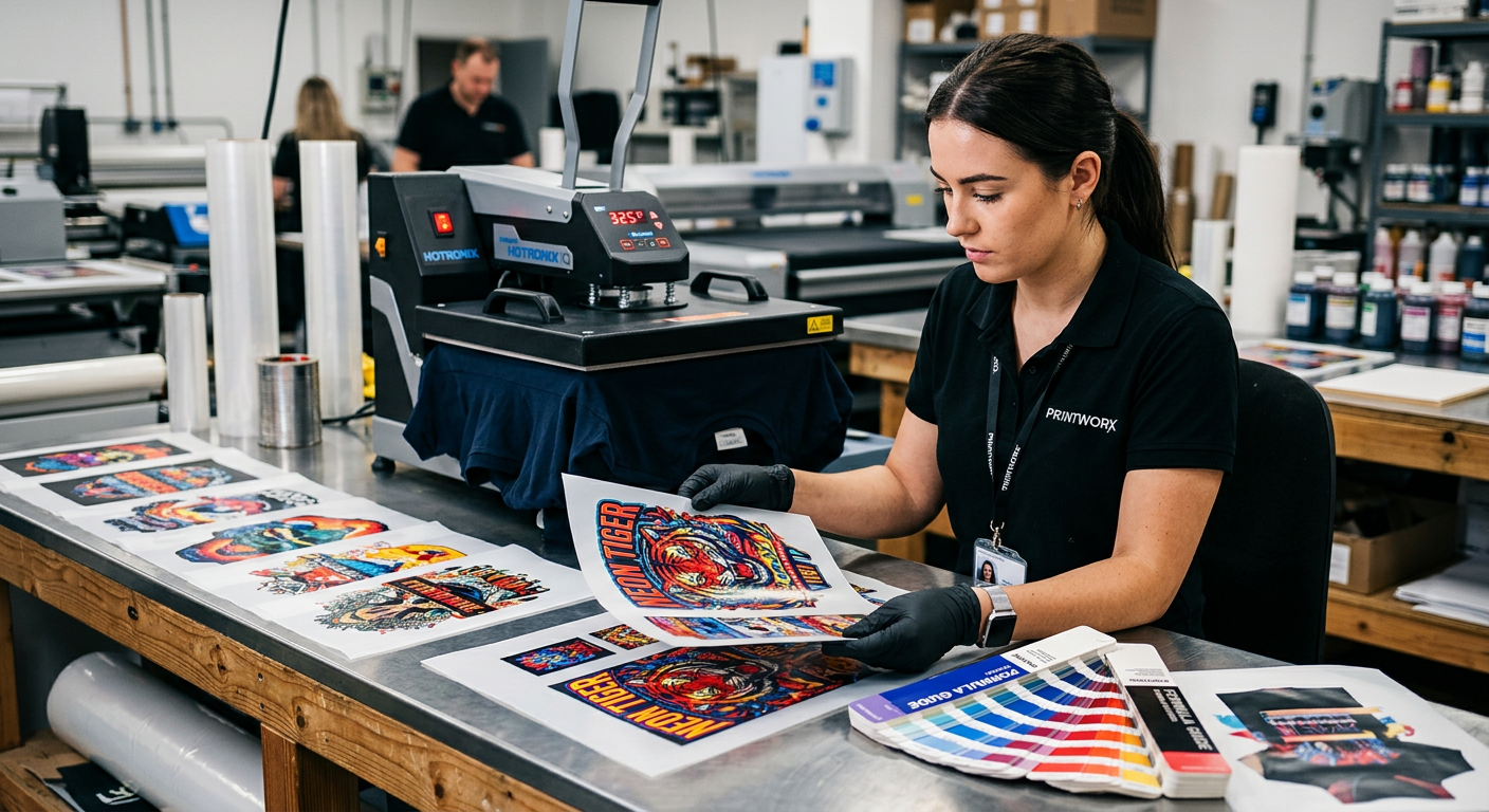 Close-up in-content shot of a technician inspecting vivid DTF transfer sheets beside a heat press and color swatches, phot...