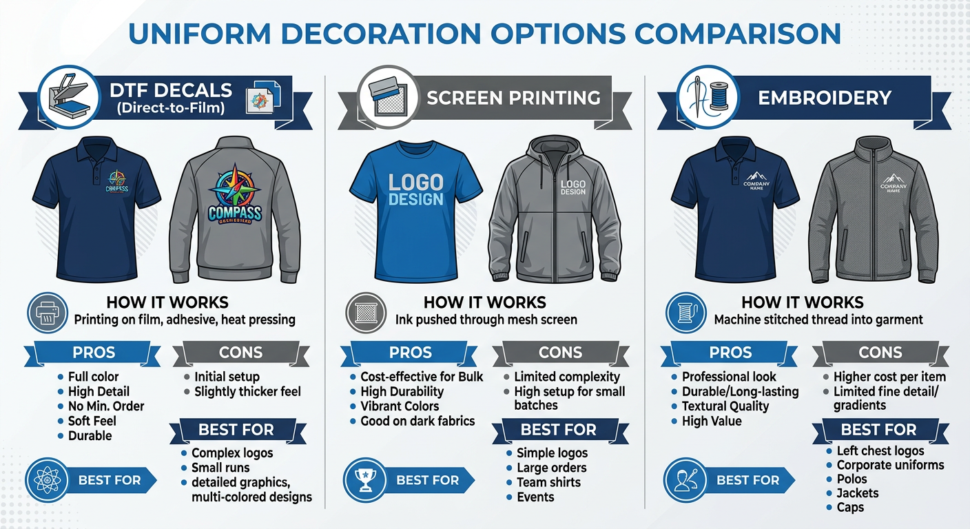A clean modern infographic-style comparison of uniform decoration options showing DTF decals, screen printing, and embroid...