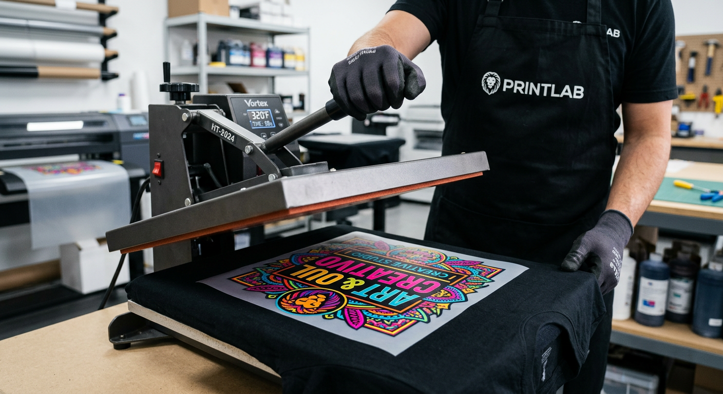 Close-up photorealistic image of a technician pressing a colorful DTF transfer onto a black t-shirt with a heat press, wit...