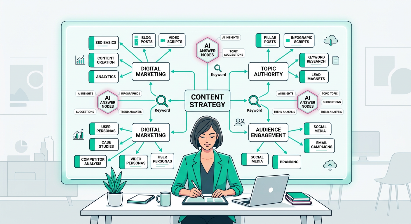 Modern flat illustration of a content strategist mapping topics into connected clusters, with labeled content cards, searc...