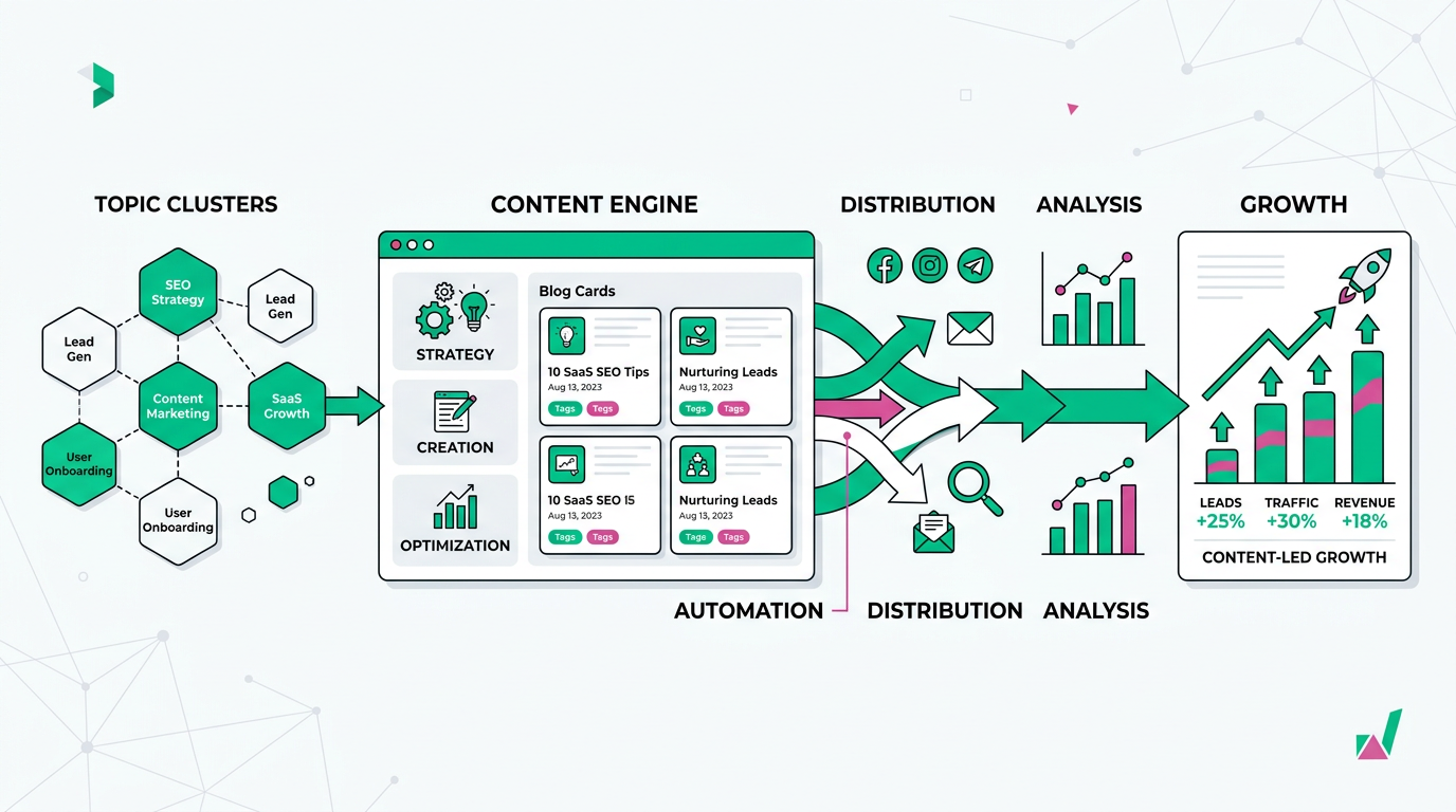 A modern flat illustration of a SaaS content engine with topic clusters, blog cards, search icons, and automation arrows f...