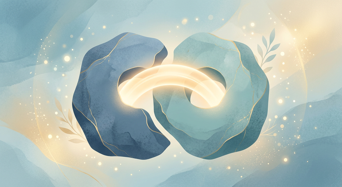 A warm, modern illustration of two interlocking shapes being gently bridged by light, symbolizing connection, repair, and ...