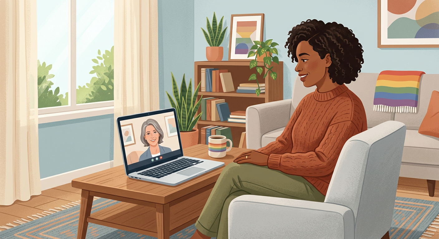 Modern illustration of a diverse adult seated comfortably in a calm living room during a secure video therapy session, wit...