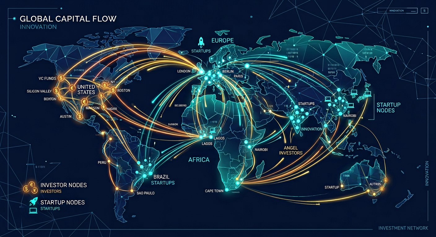 A modern abstract illustration of capital flowing across continents through connected nodes and glowing lines, showing sta...