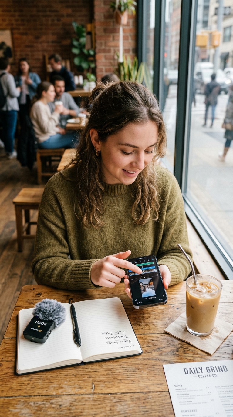 A creator editing a vertical video on a smartphone at a café table, with a compact microphone, notebook, and iced coffee n...