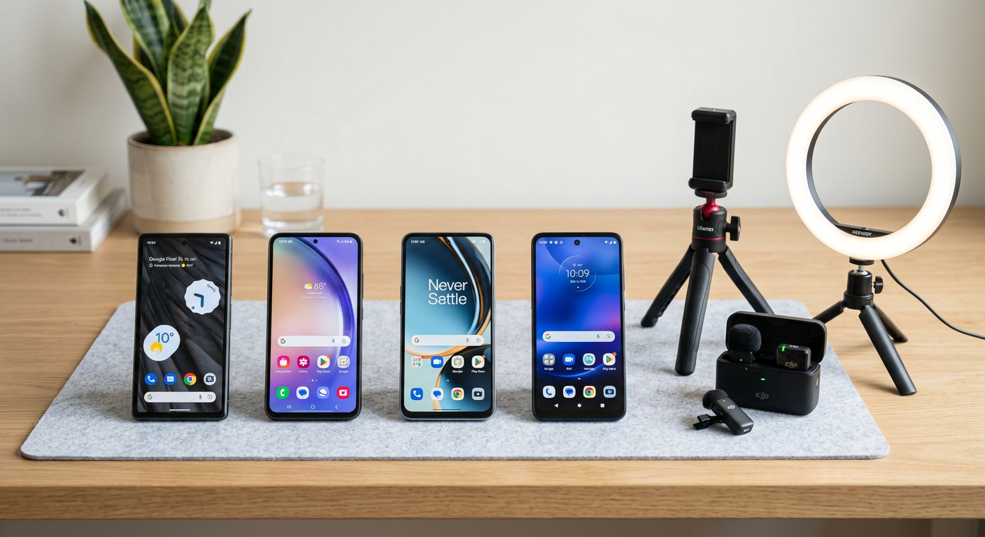 A clean, modern comparison-style scene showing four budget smartphones laid out on a desk with creator tools like a small ...