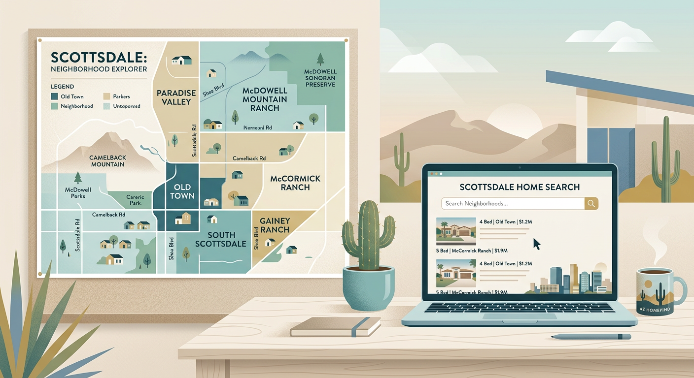 Modern illustrative scene showing a Scottsdale map with highlighted neighborhood zones, a home search laptop, and subtle d...