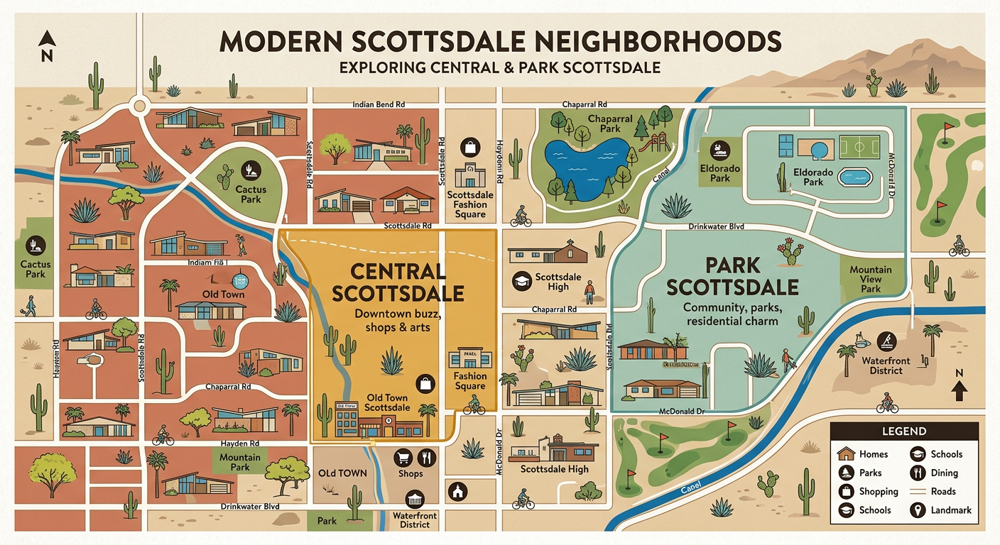 Modern illustrated neighborhood map concept showing Scottsdale areas, with homes, streets, desert landscaping, and highlig...