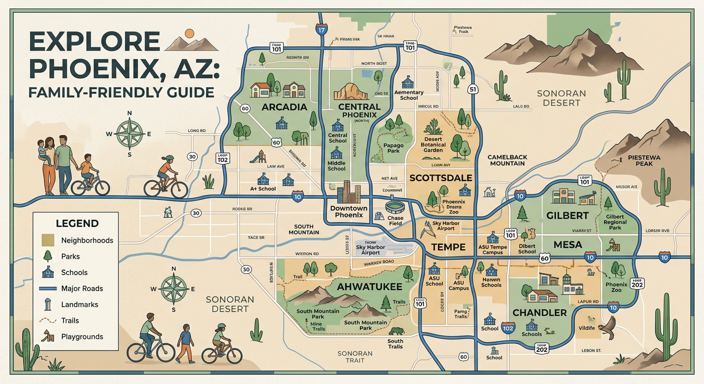 Modern illustrative map-style scene of Phoenix with highlighted family-friendly neighborhoods, parks, schools, and major r...