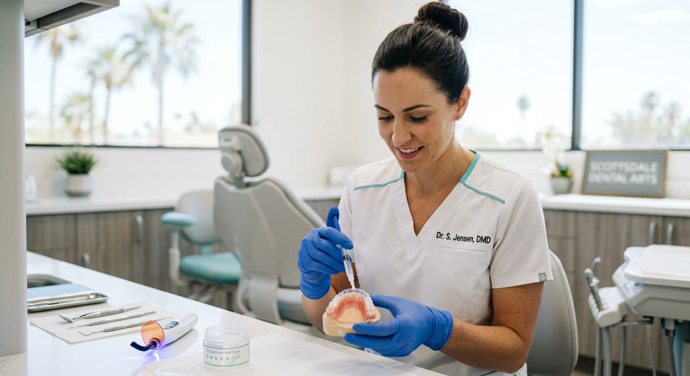 Close-up photorealistic image of a dentist preparing custom whitening trays in a clean Scottsdale dental office, with a br...