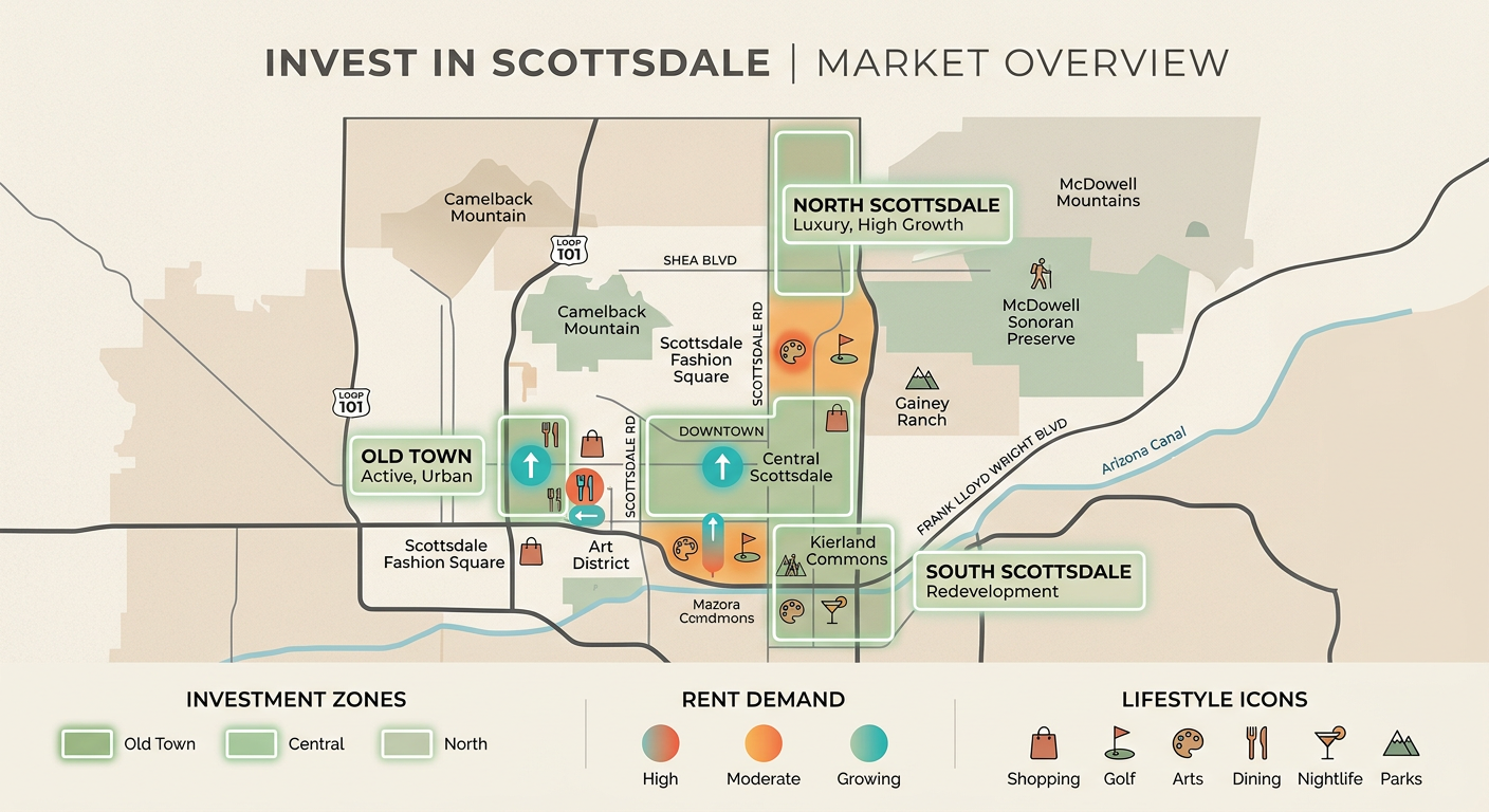 Scottsdale Investment Property Guide: Buy Smart In 2026 11 Modern infographic-style city map of Scottsdale with highlighted investment zones, rent demand indicators, lifestyle icons...