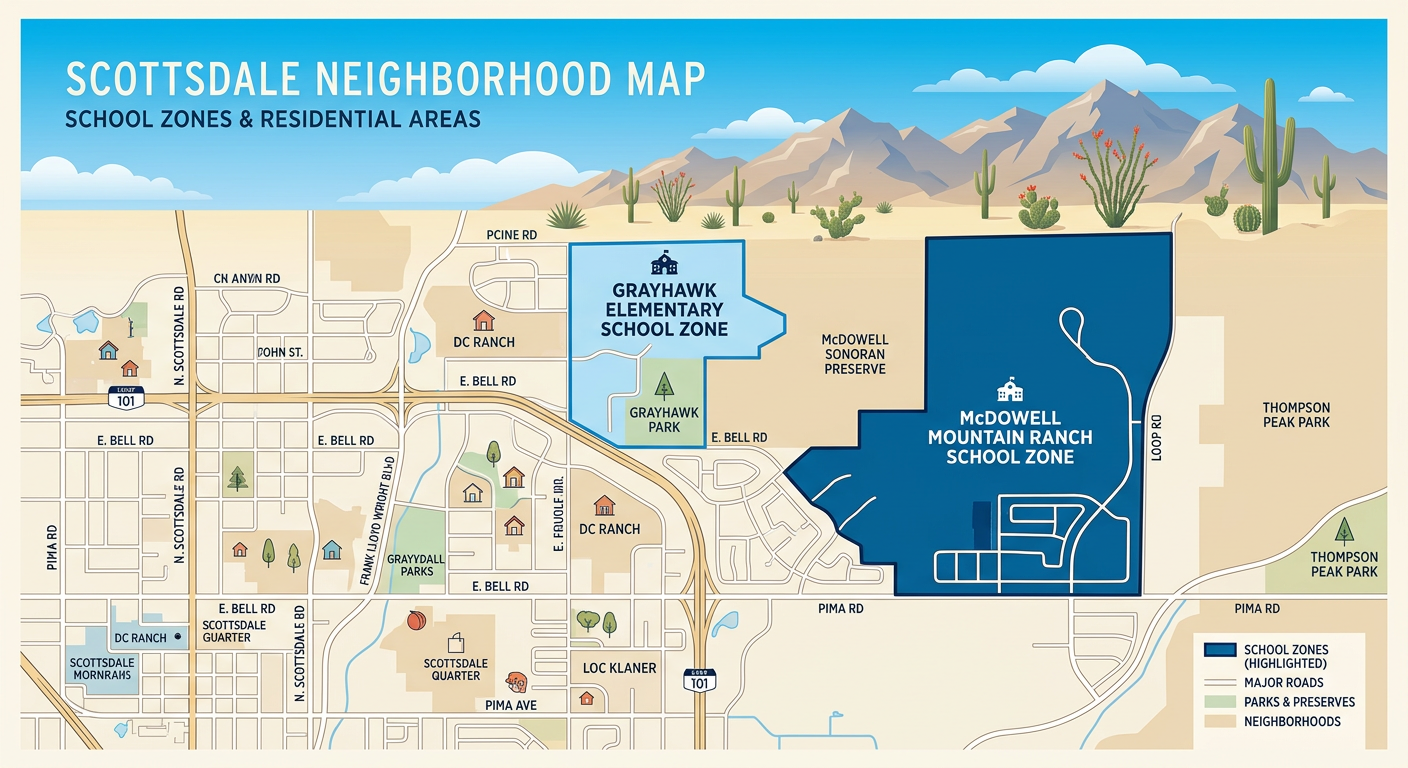 Clean modern illustration of a Scottsdale neighborhood map with highlighted school zones, desert mountains in the backgrou...