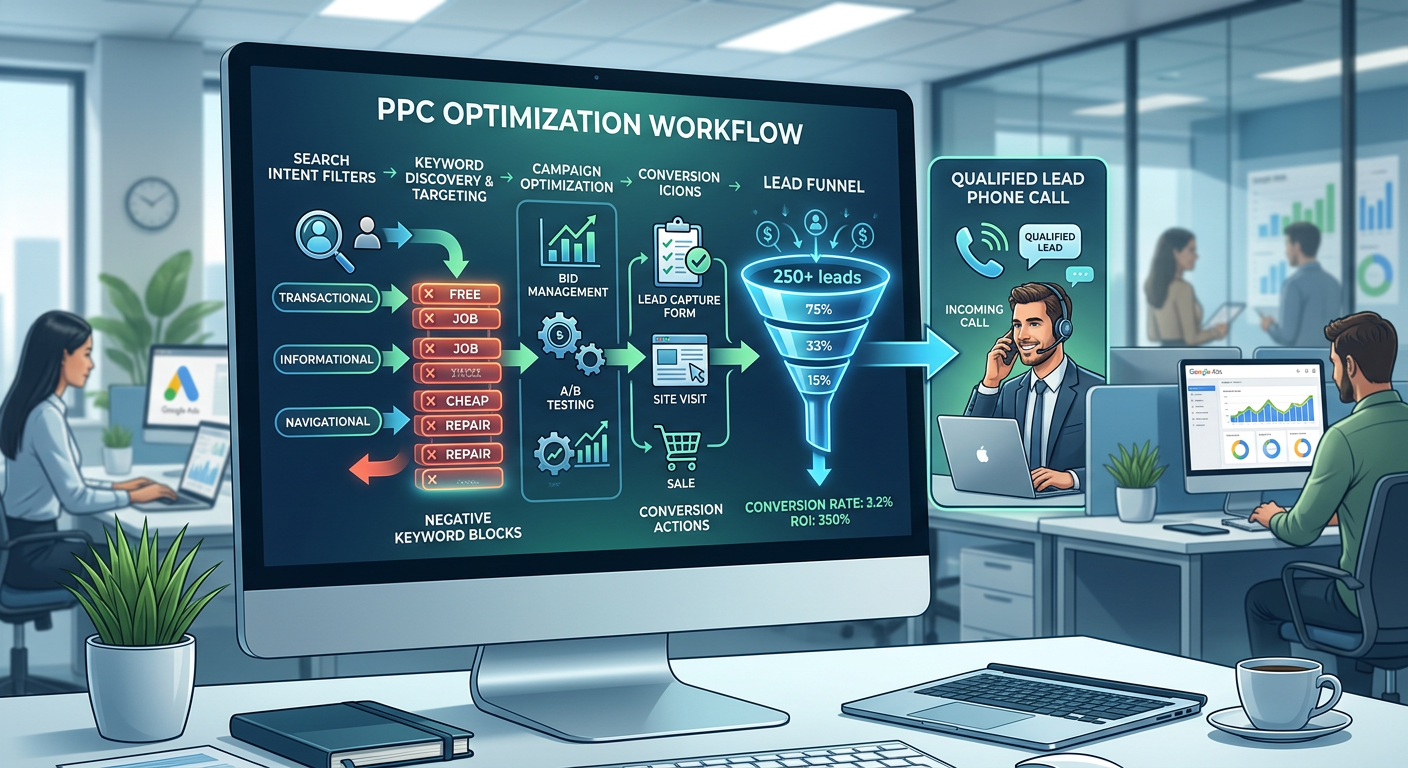 A modern illustration of a PPC optimization workflow, with search intent filters, negative keyword blocks, conversion icon...