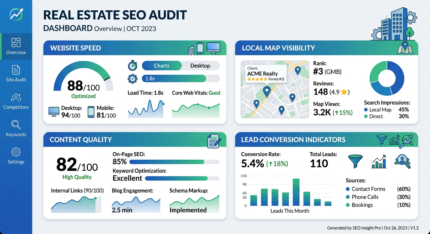 Modern illustrated dashboard showing a real estate SEO audit process with website speed, local map visibility, content qua...