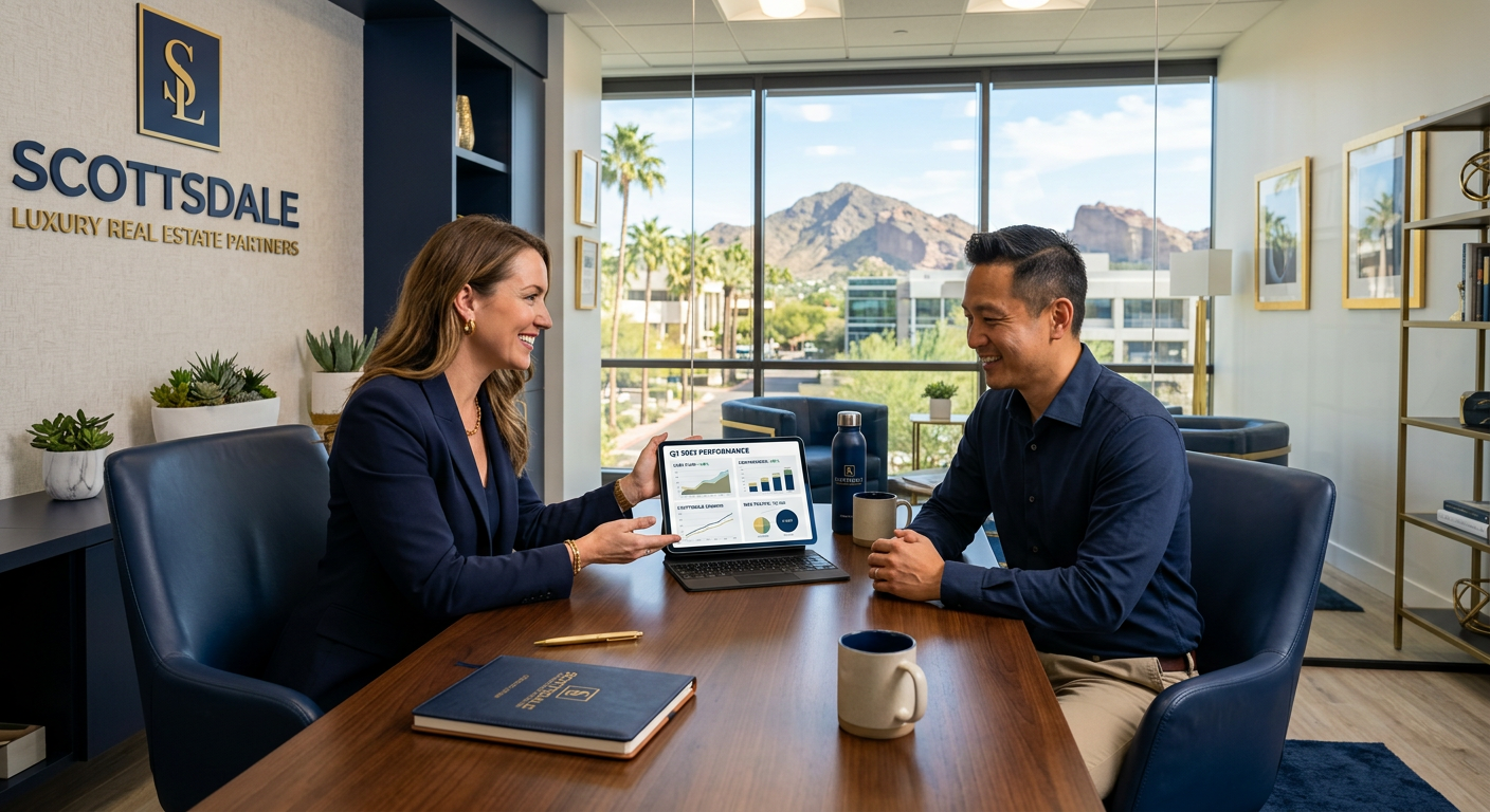 Photorealistic closing scene of a real estate marketing consultant meeting with a client in a bright Scottsdale office, ta...