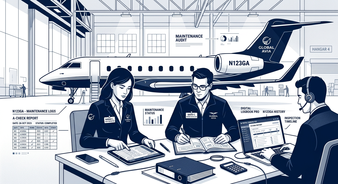 A detailed modern illustration of an aviation inspection team reviewing aircraft maintenance records, digital logbooks, an...