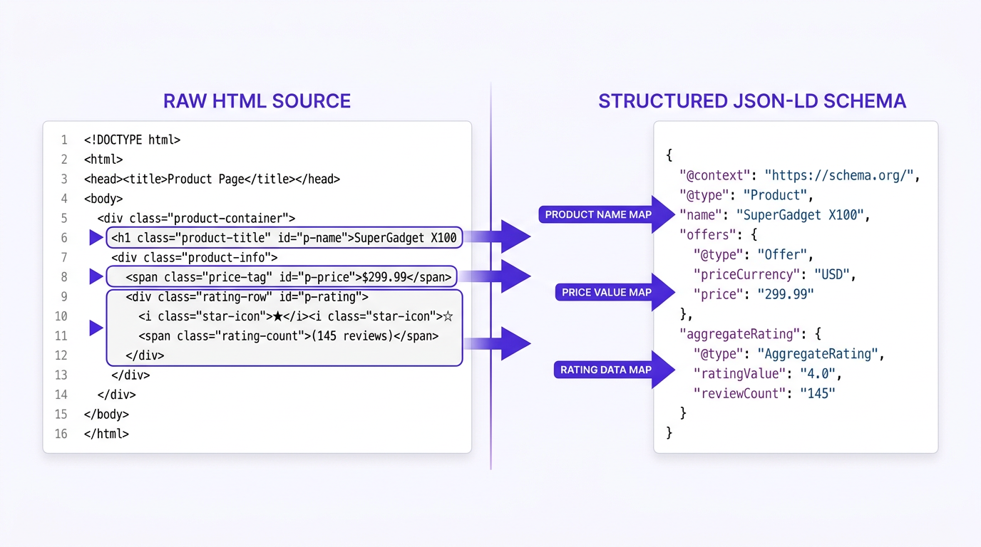 A diagram explaining how Schema.org structured data makes a website AI agent friendly.