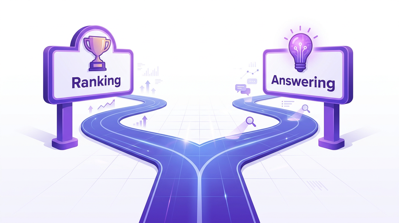 Illustration showing the difference between SEO for ranking and AEO for answering, a key concept for an AI agent friendly website.
