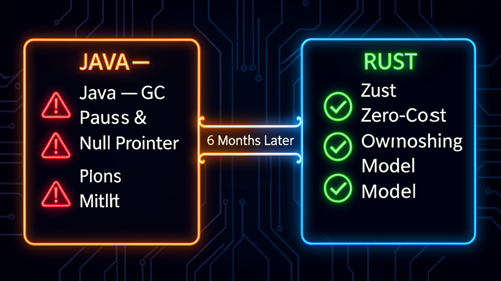 Rust vs Java comparison: GC pauses and null pointer exceptions on one side, zero-cost abstractions and ownership model on the other