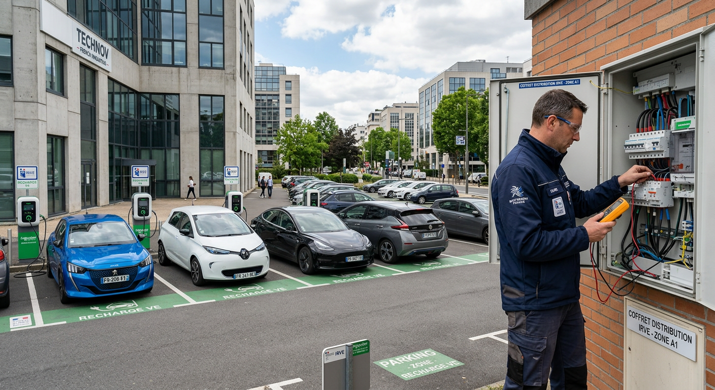 Borne de recharge électrique IRVE moderne dans un parking d'entreprise avec un installateur professionnel vérifiant l'installation.