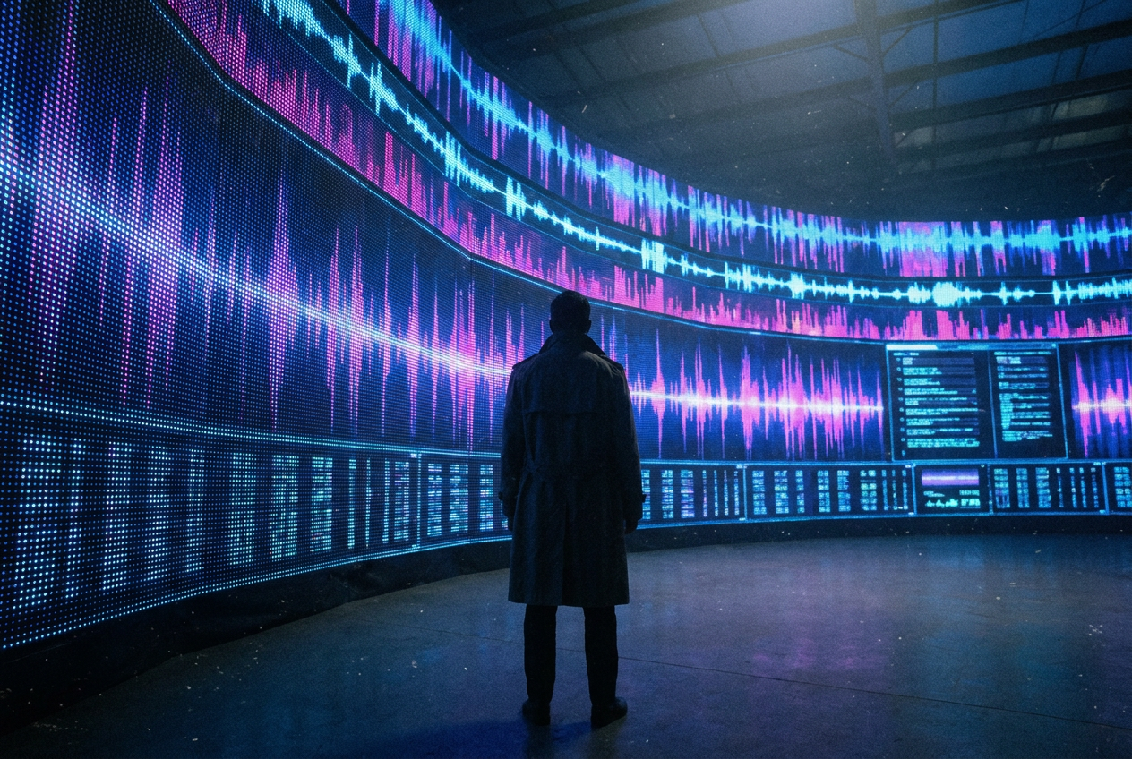 A data visualization showing exponential growth of AI music uploads, with stacked bar charts showing the ratio of human to AI-generated tracks, glowing neon numbers against a dark background, a small human figure looking up at the towering chart bars