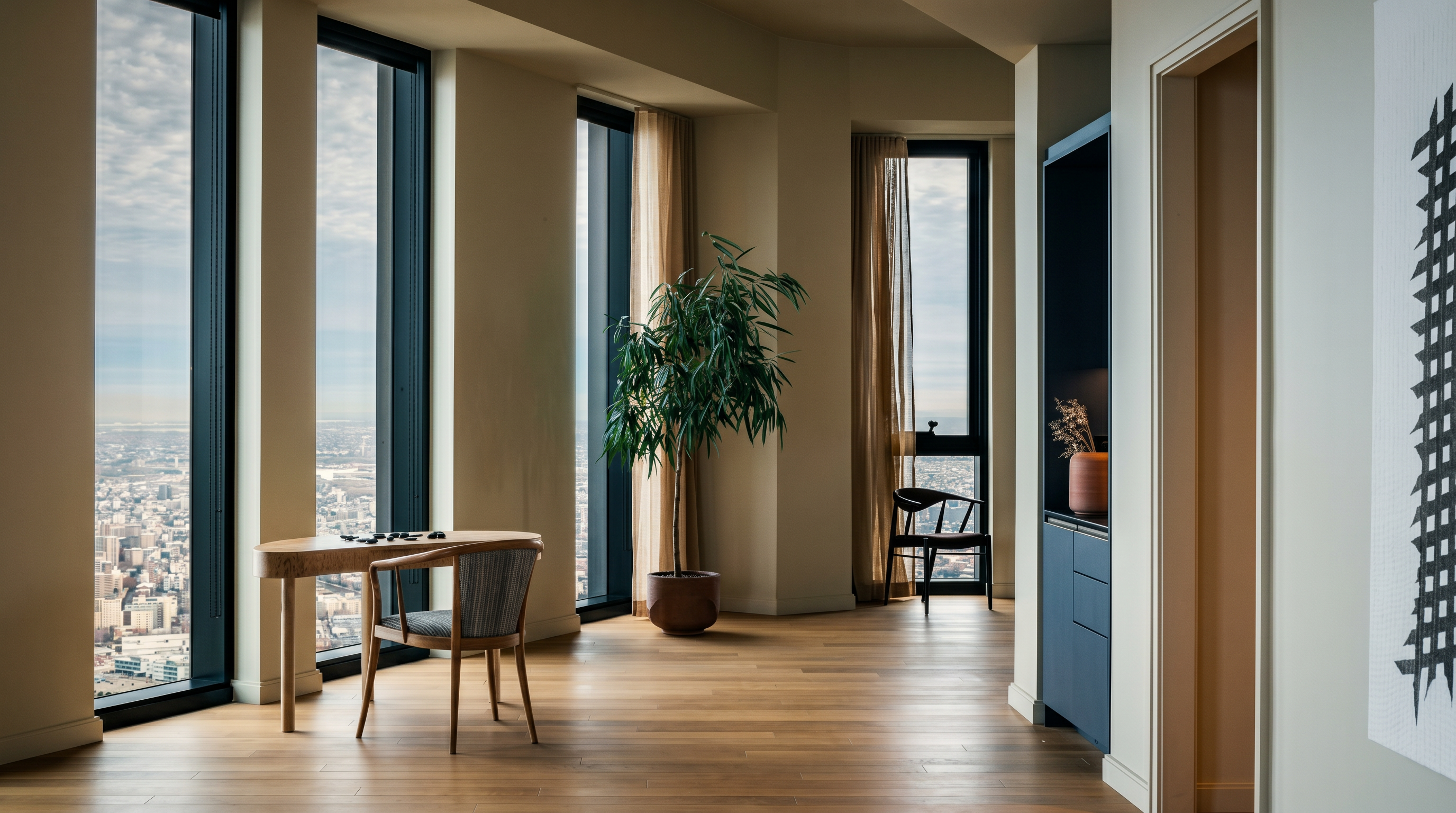This sophisticated, sun-drenched interior space functions as a modern office or study, featuring floor-to-ceiling windows that offer expansive city views. The room is minimalist in design, showcasing light hardwood flooring, a sleek wooden desk with a matching chair, and a potted plant that adds a touch of nature. A dark-toned built-in cabinet provides a subtle contrast, while the overall atmosphere is one of calm, high-end urban luxury.