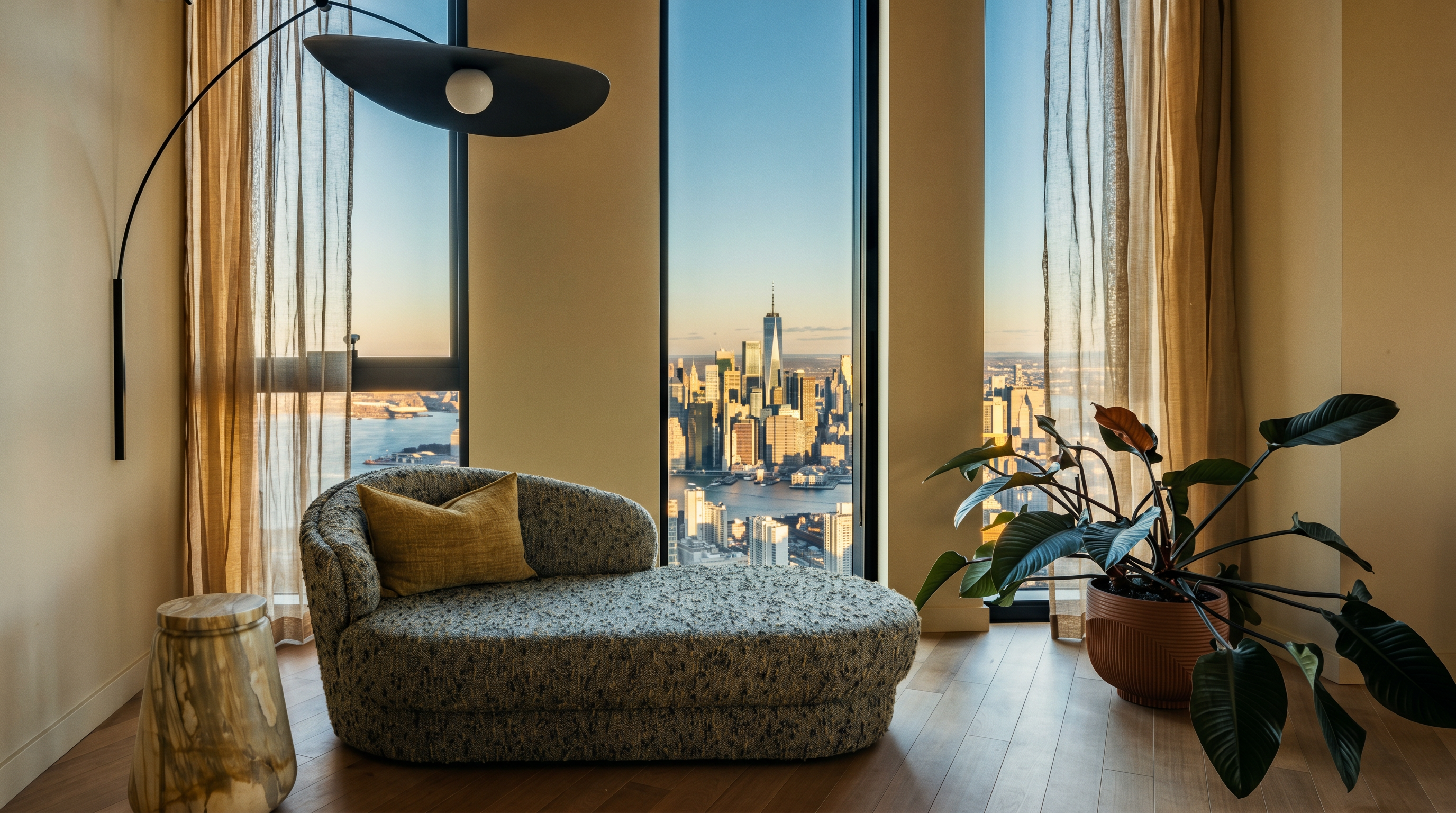 This sophisticated corner lounge area features a plush, textured chaise lounge positioned perfectly to take advantage of floor-to-ceiling windows showcasing a breathtaking panoramic view of the New York City skyline. The space is accented by a sculptural, modern floor lamp, a polished stone side table, and a large, vibrant potted plant that adds a touch of organic warmth. The neutral color palette and clean lines create a serene, high-end atmosphere ideal for relaxation and contemplation.