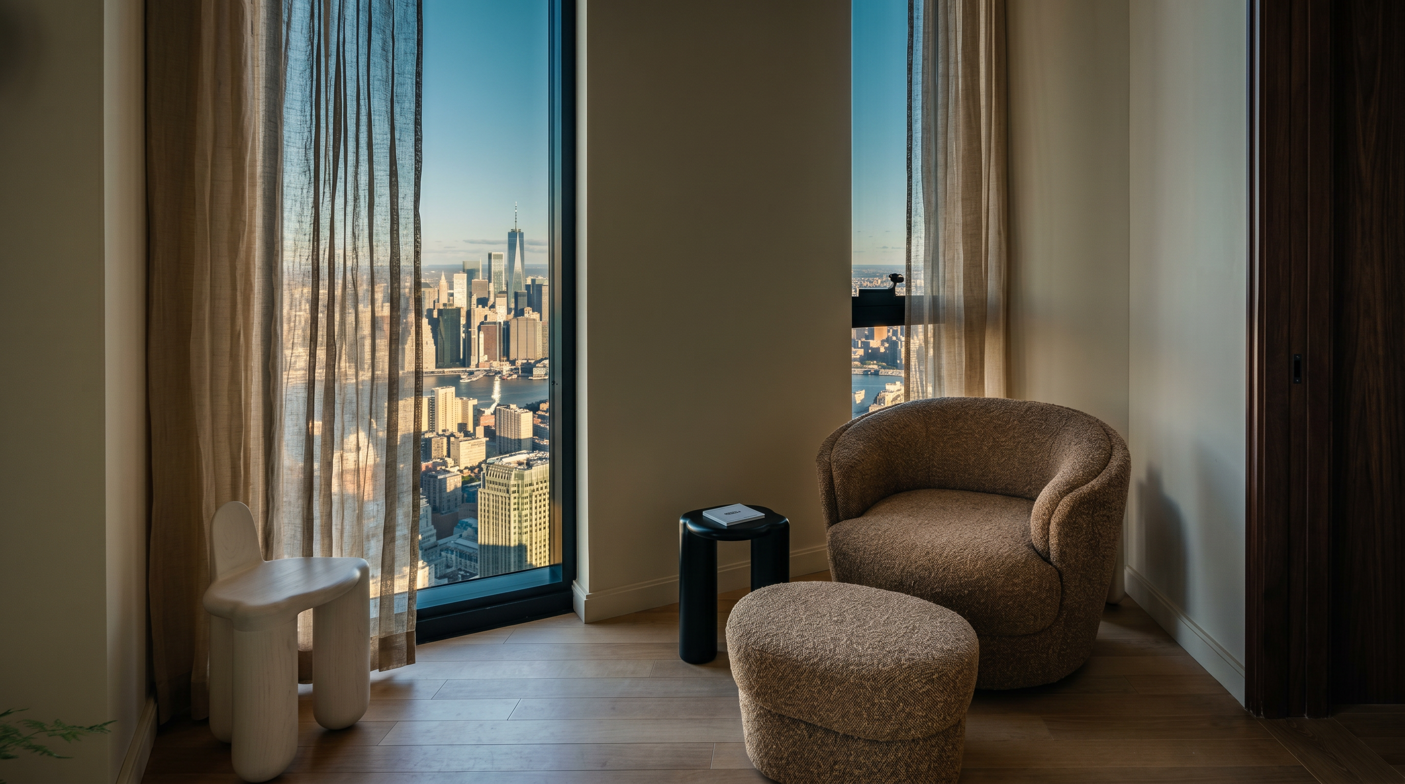 This sophisticated corner seating area features floor-to-ceiling windows that frame a breathtaking panoramic view of the New York City skyline, including the One World Trade Center. The space is furnished with a textured, curved armchair and matching ottoman, complemented by a minimalist black side table and a sculptural white chair. The light wood flooring and neutral walls create a serene, high-end atmosphere perfect for quiet reflection or taking in the urban vista.