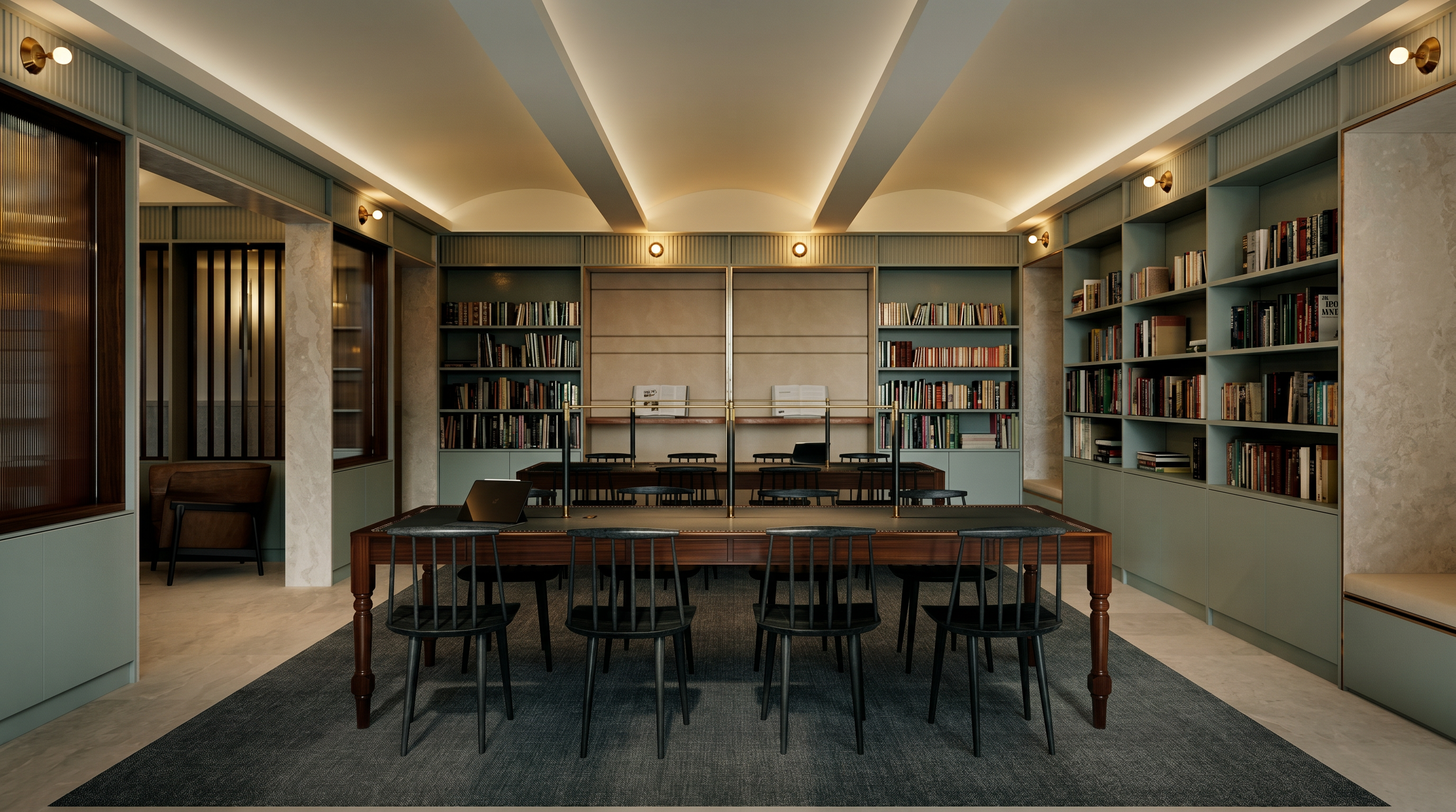 This sophisticated library or study features a symmetrical layout with a long, dark wood central table surrounded by black spindle-back chairs. The room is lined with floor-to-ceiling sage green bookshelves, accented by recessed cove lighting and elegant wall sconces that create a warm, scholarly atmosphere. The perspective is centered and cinematic, emphasizing the orderly, high-end design of this quiet workspace.