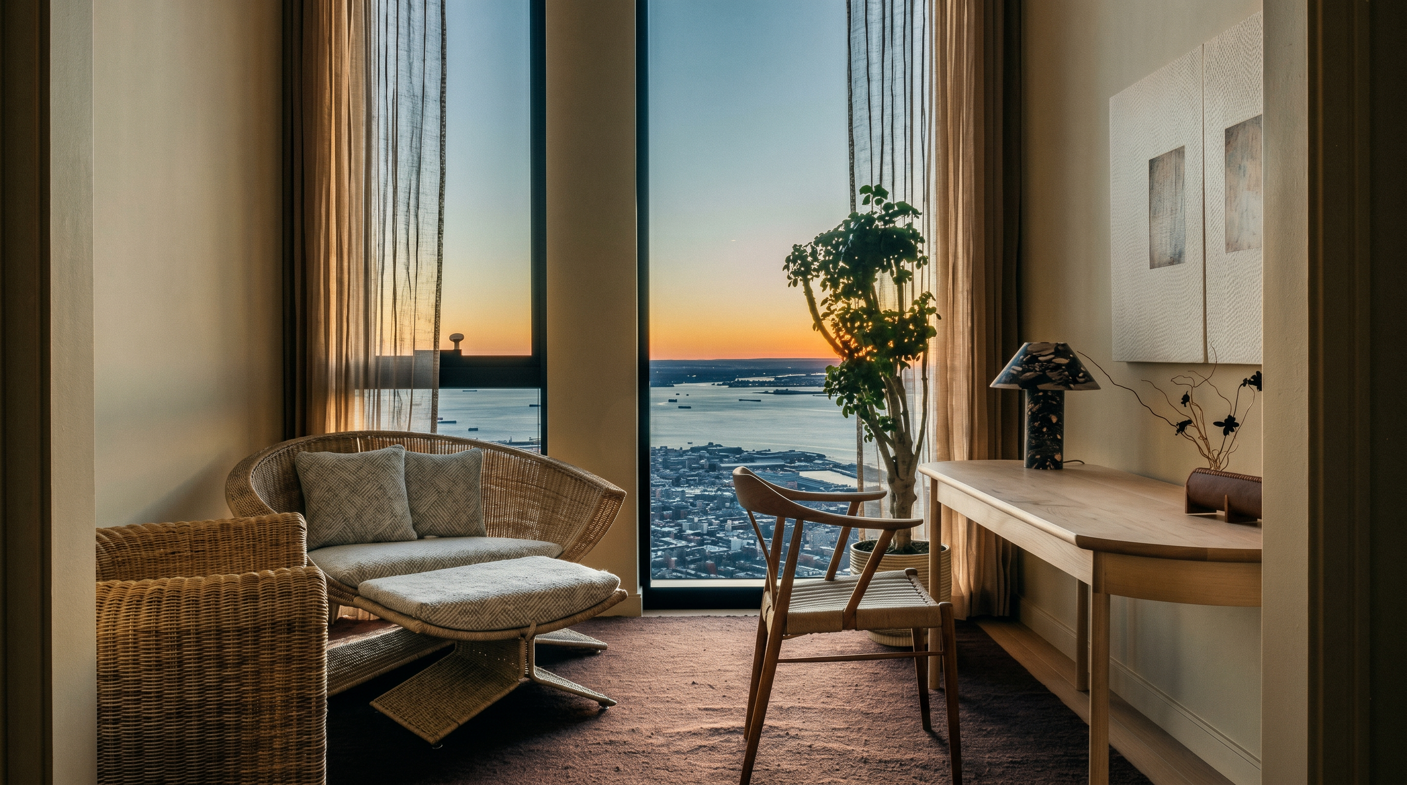 This sophisticated home office or study space features a minimalist aesthetic with natural textures, including a woven rattan chair and ottoman set and a light wood desk. The room is framed by floor-to-ceiling windows that offer a breathtaking, high-altitude panoramic view of the harbor and city skyline at sunset. The warm, neutral color palette and soft lighting create a serene and productive atmosphere, perfect for a high-end urban residence.