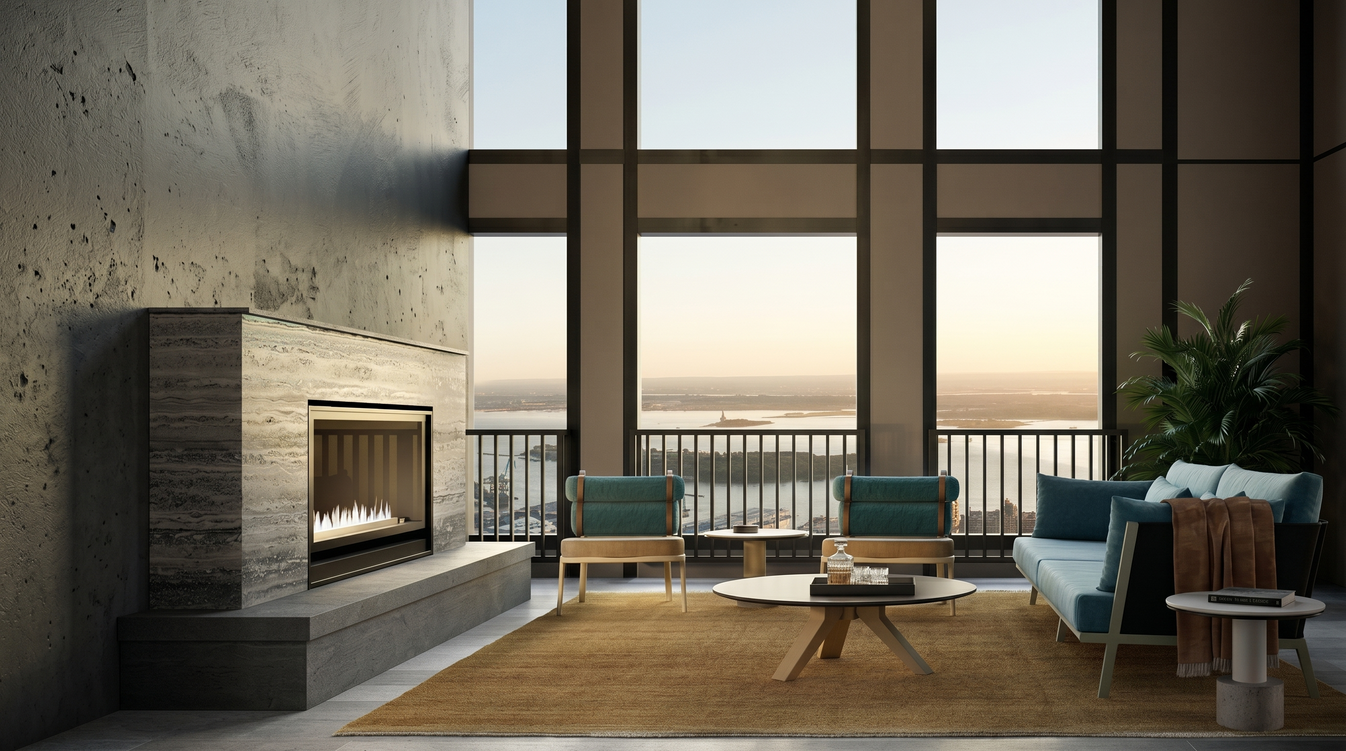 This sophisticated living room features floor-to-ceiling windows that frame a breathtaking panoramic view of the water and skyline. The space is anchored by a sleek, modern fireplace encased in textured stone, complemented by a warm-toned area rug and contemporary teal seating. The overall aesthetic is one of refined luxury, emphasizing an open, airy atmosphere perfect for high-end urban living.