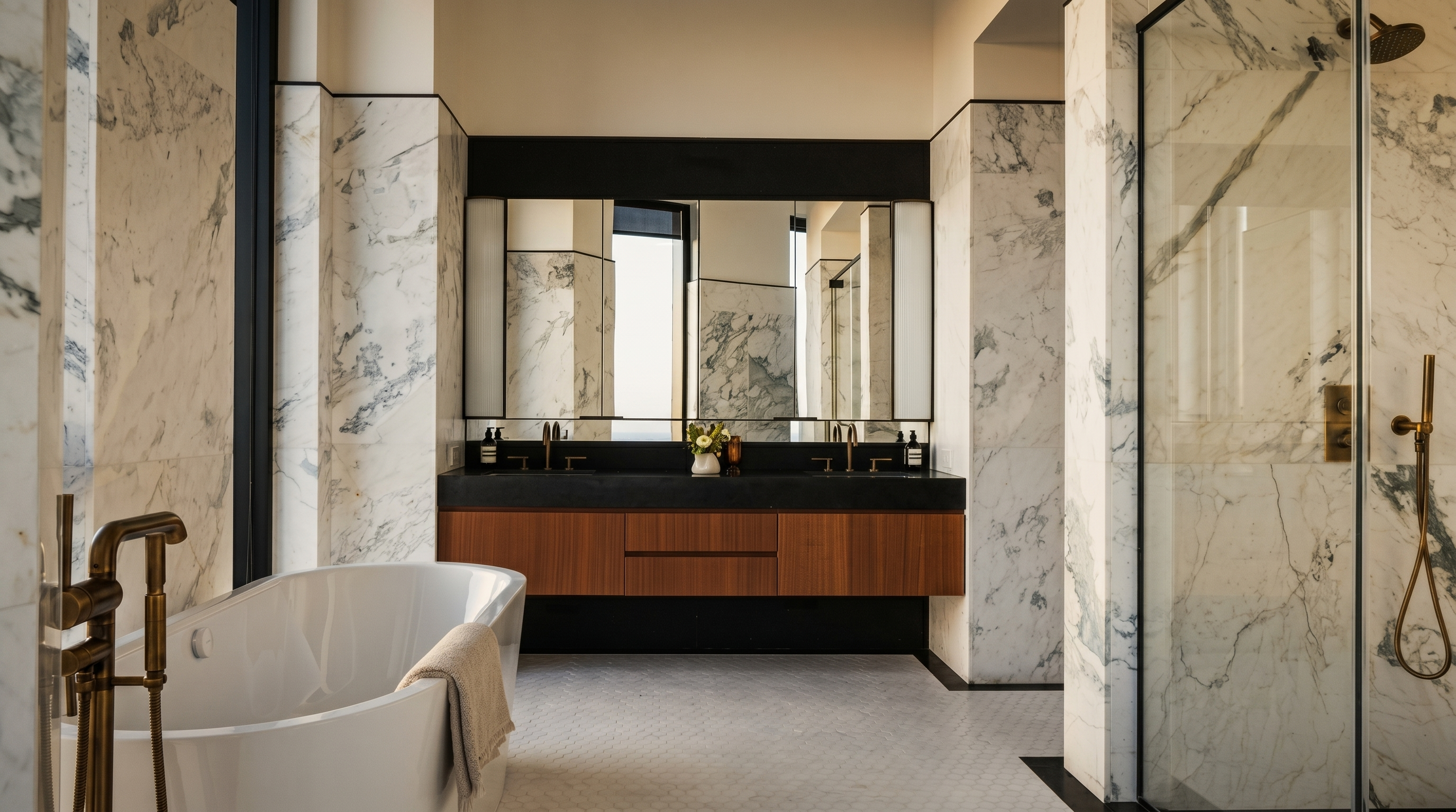 This luxurious primary bathroom features a sophisticated blend of white marble walls, a floating wood vanity with a dark stone countertop, and a sleek freestanding soaking tub. The space is anchored by a large, modern mirror and a glass-enclosed walk-in shower with brass fixtures, creating an elegant and spa-like atmosphere. The perspective is centered, highlighting the symmetrical layout and high-end finishes that define this contemporary design.