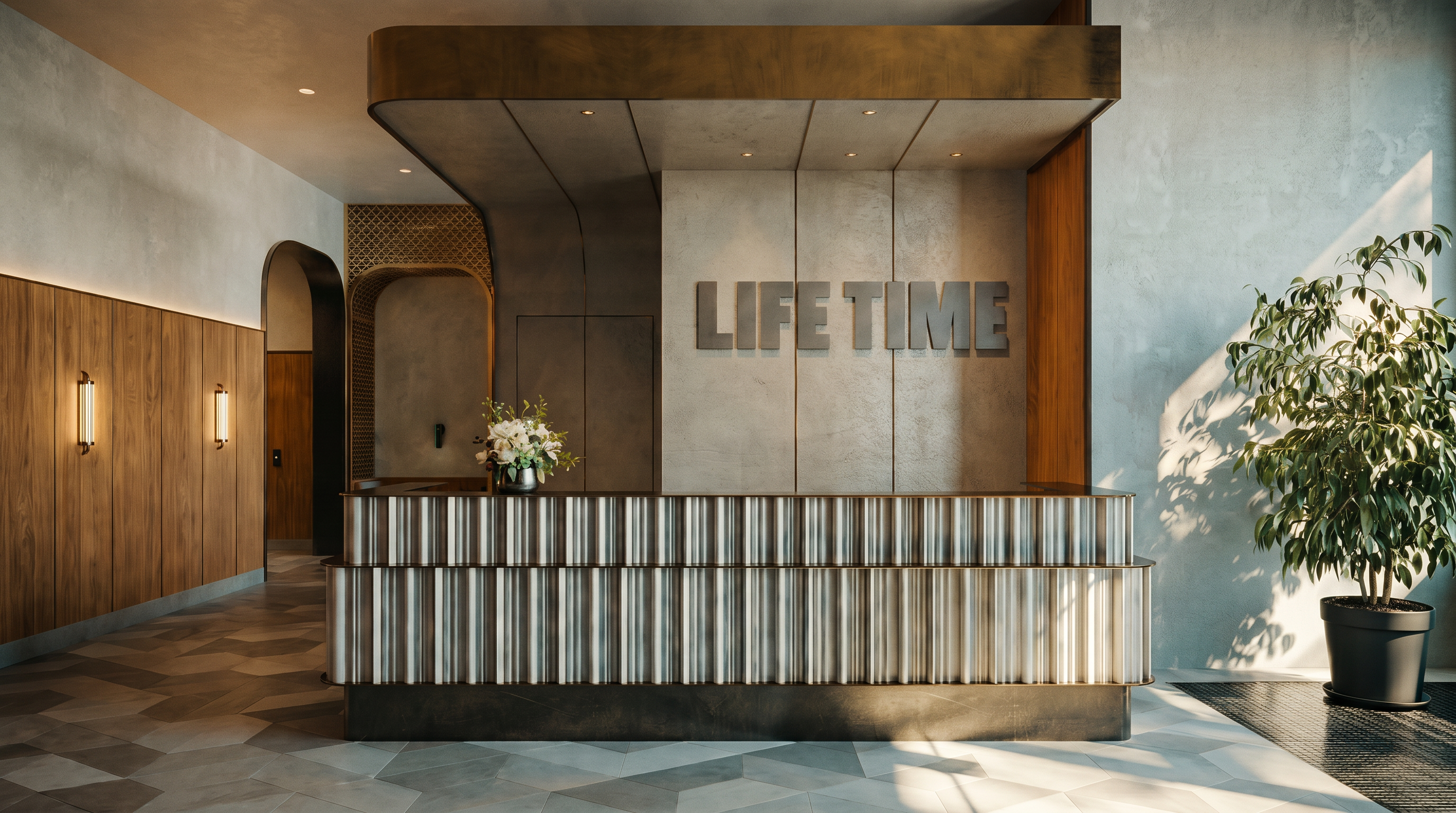 This sophisticated reception area features a modern, textured front desk as the focal point, set against a wall prominently displaying the 'LIFE TIME' brand. The space is characterized by a blend of warm wood paneling, geometric floor tiling, and a sleek, metallic-finished ceiling structure that creates a high-end, professional atmosphere. Large glass doors on the right invite natural light, highlighting the clean lines and contemporary architectural design of this commercial lobby.