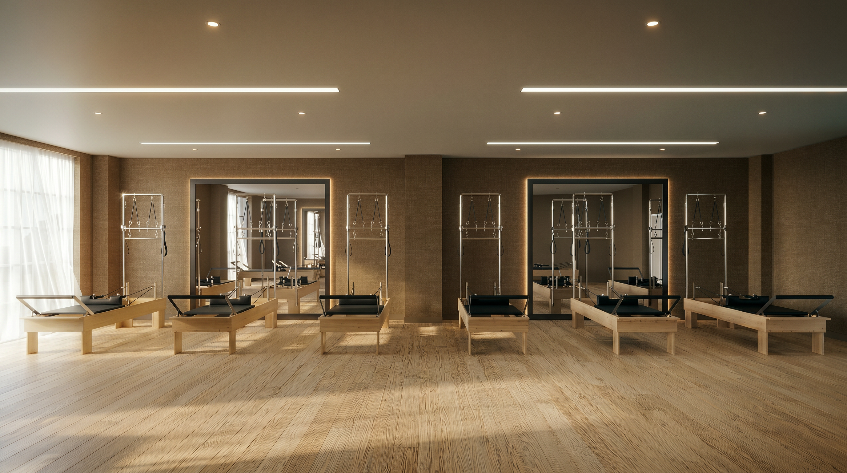 This professional-grade Pilates studio features a clean, minimalist aesthetic with light wood flooring and warm, neutral-toned walls. The space is equipped with multiple high-end reformer machines arranged symmetrically, complemented by large wall-mounted mirrors that enhance the sense of depth and openness. The room is illuminated by sleek, recessed linear lighting, creating a serene and inviting atmosphere perfect for wellness activities.