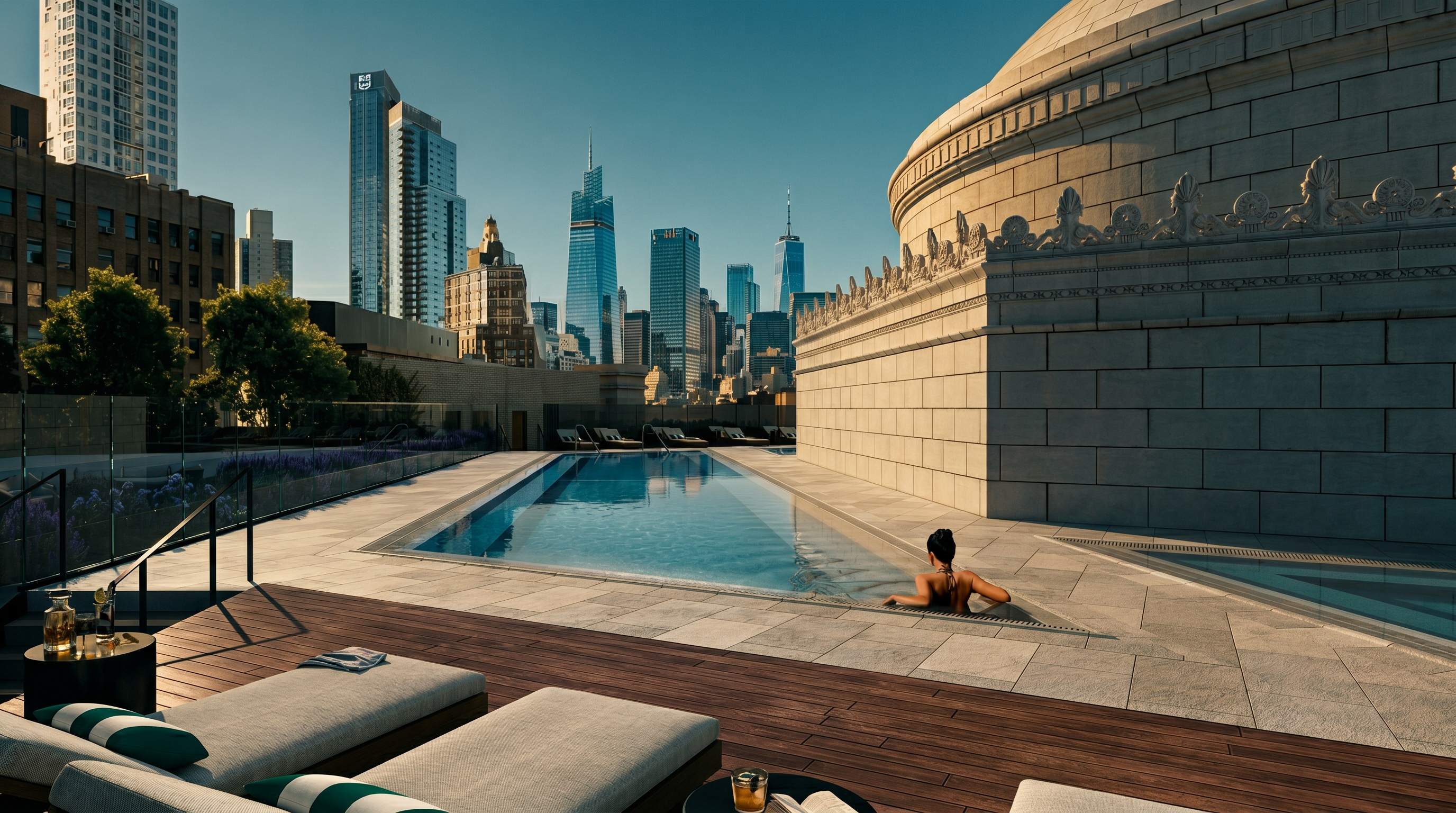 This high-end rooftop pool area offers a luxurious urban retreat, featuring a sleek lap pool set against the backdrop of a historic domed building and modern city skyscrapers. The foreground includes comfortable lounge chairs on a wooden deck, creating a sophisticated space for relaxation. The perspective is a wide, eye-level shot that emphasizes the contrast between the classic architectural details and the contemporary skyline.