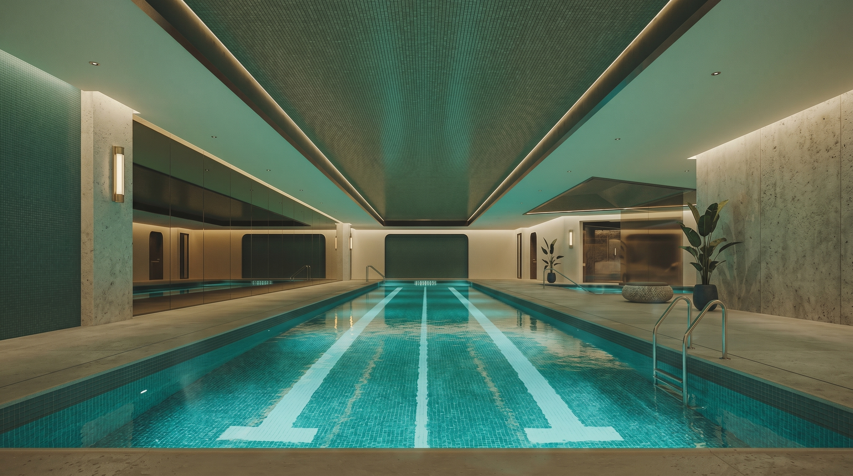 This sophisticated indoor lap pool features a sleek, minimalist design with a striking dark-tiled ceiling and recessed ambient lighting. The perspective is centered and symmetrical, drawing the eye down the length of the pool toward a serene, dark-tiled accent wall. The space exudes a high-end, tranquil atmosphere, perfect for a luxury residential amenity area.