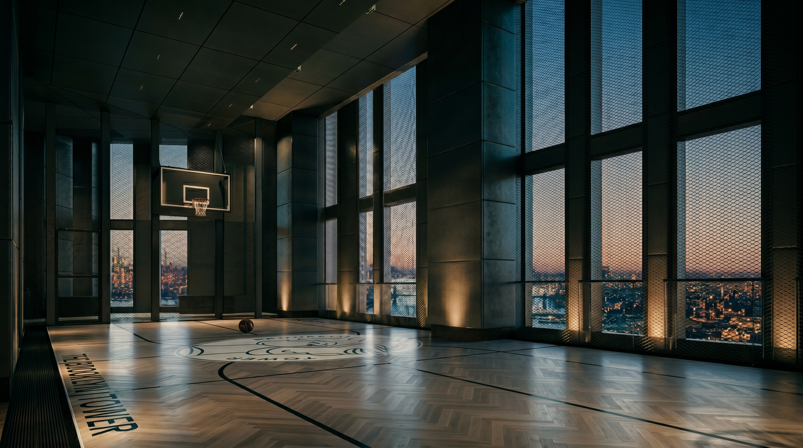 This high-end indoor basketball court features a sophisticated herringbone wood floor and floor-to-ceiling windows that offer a dramatic, panoramic view of the city skyline at dusk. The space is designed with a sleek, industrial-modern aesthetic, incorporating dark metal accents and integrated lighting that highlights the court's premium finishes. The perspective is wide and cinematic, emphasizing the luxury and exclusivity of this unique residential amenity.