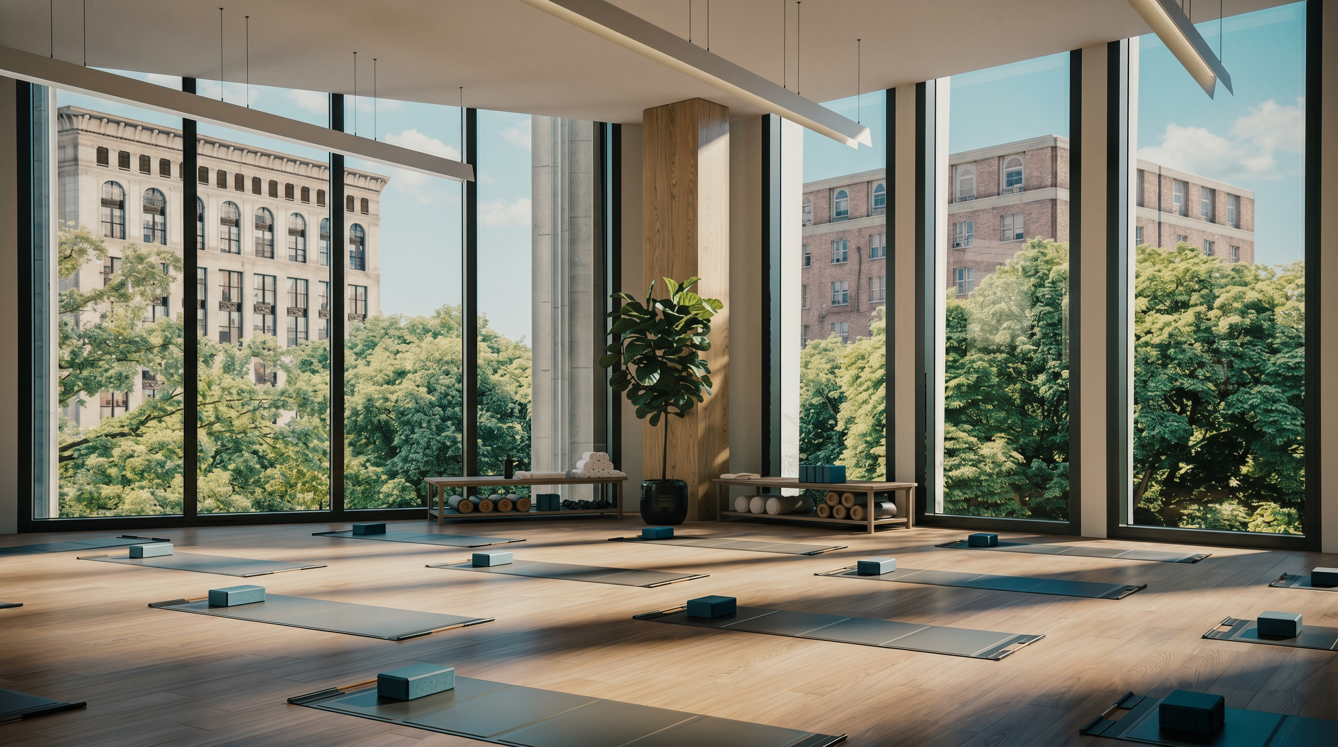 This serene yoga and fitness studio features polished hardwood floors and floor-to-ceiling windows that flood the space with natural light and offer expansive urban views. The room is thoughtfully arranged with individual yoga mats and blocks, centered around a large potted plant, creating a tranquil and professional atmosphere. The minimalist design and open layout emphasize a sense of calm and wellness, perfect for a high-end residential amenity space.