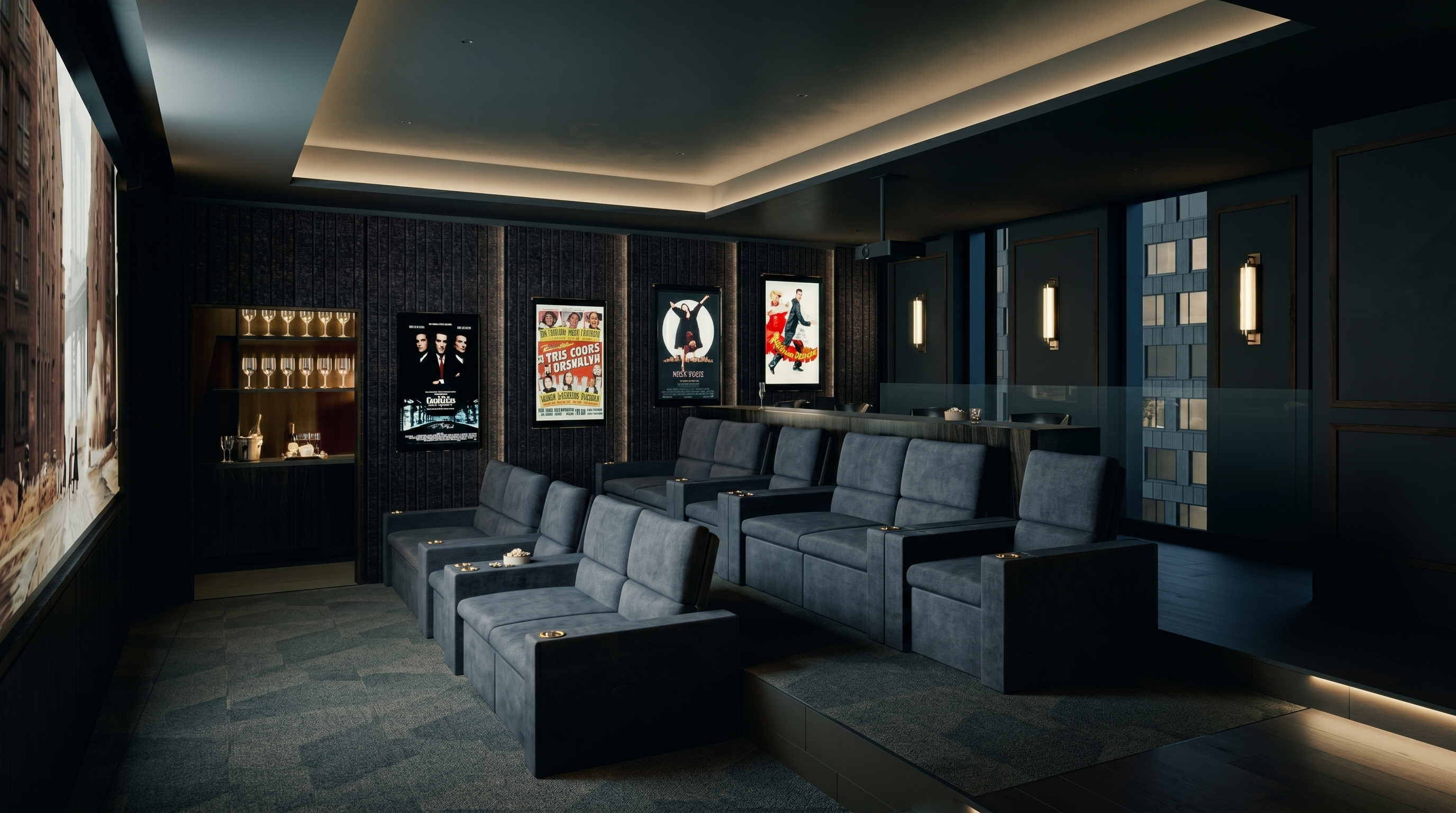 This sophisticated private home theater features tiered rows of plush, dark gray upholstered seating, creating an intimate and luxurious cinematic experience. The room is elegantly appointed with framed vintage movie posters, recessed cove lighting, and a dedicated bar area with glassware, all set against a dark, moody color palette. The perspective is wide and inviting, showcasing a high-end amenity space designed for premium entertainment.