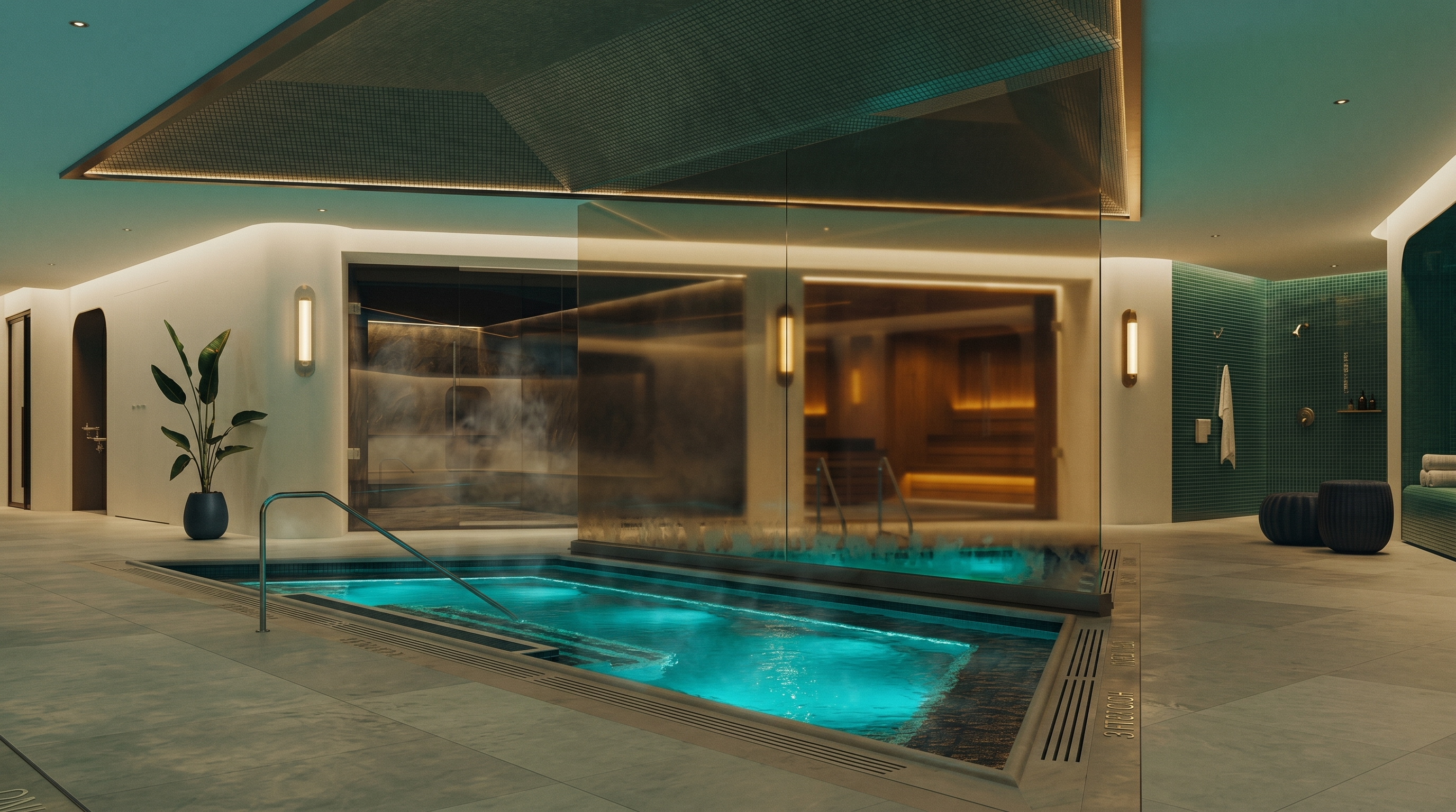 This luxurious spa facility features a central, glowing turquoise plunge pool as its focal point, framed by a sleek glass partition. Behind the pool, a sauna and steam room are visible, while the surrounding area is accented with modern green tiling and soft, ambient wall lighting. The space exudes a high-end, tranquil atmosphere, perfect for a premium residential or hotel amenity suite.