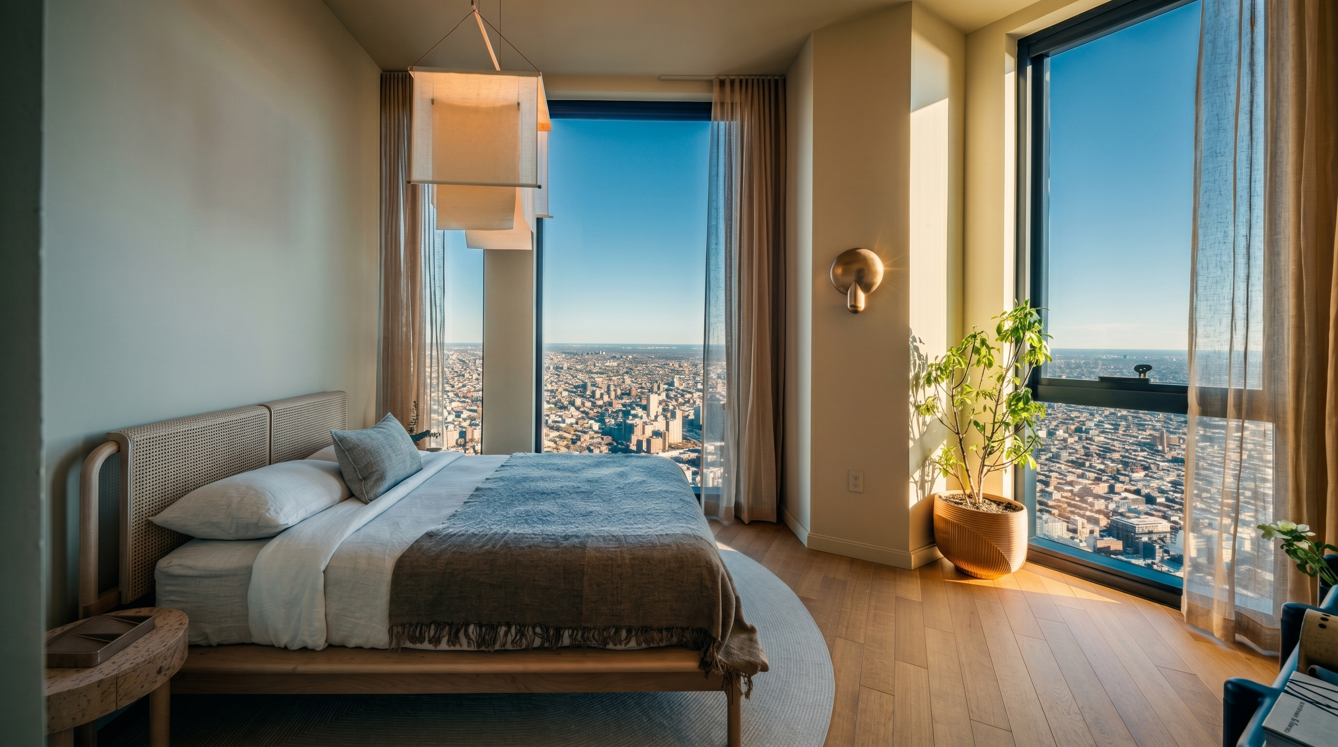 This sophisticated primary bedroom features a minimalist, organic aesthetic with a light wood bed frame, a textured cane headboard, and a neutral color palette. The room is anchored by a large circular rug and illuminated by a unique, layered pendant light, while floor-to-ceiling windows offer a breathtaking, expansive aerial view of the city skyline. The space feels serene and high-end, blending modern luxury with natural textures and abundant natural light.