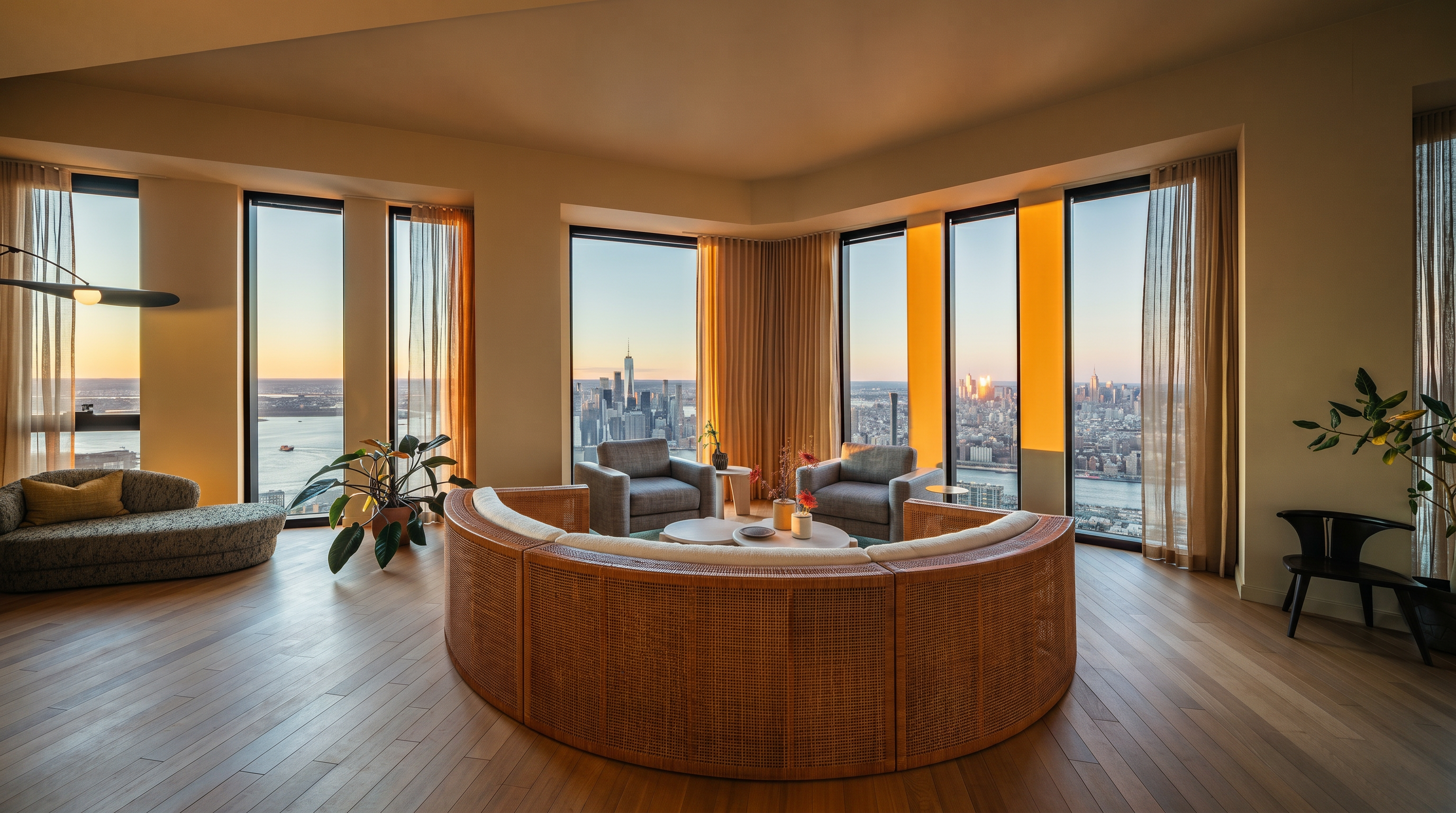 This expansive, high-floor living room features a sophisticated, open-concept layout defined by a striking curved rattan sofa that anchors the space. Floor-to-ceiling windows wrap around the room, offering breathtaking, panoramic views of the New York City skyline and the Hudson River. The interior design is minimalist and elegant, utilizing warm wood flooring and neutral tones to complement the dramatic urban backdrop.