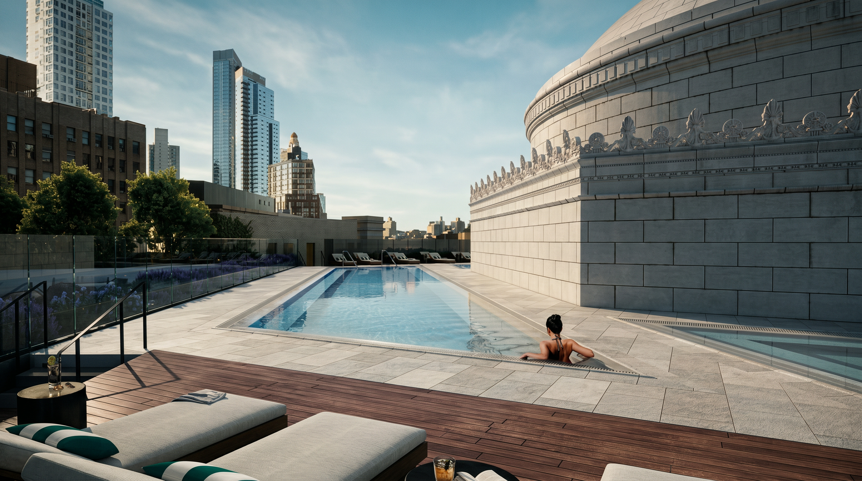 This high-end rooftop pool area offers a luxurious urban retreat, featuring a sleek lap pool set against the backdrop of a historic domed building and modern city skyscrapers. The foreground includes comfortable lounge chairs on a wooden deck, creating a sophisticated space for relaxation. The perspective is a wide, eye-level shot that emphasizes the contrast between the classic architectural details and the contemporary skyline.