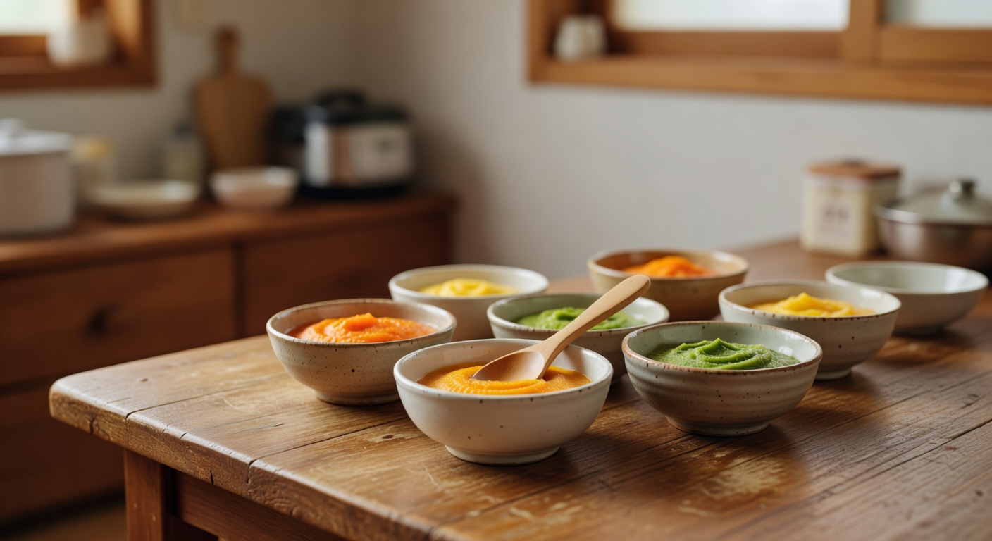 small ceramic bowls with pureed vegetables and baby spoon on a wooden kitchen table