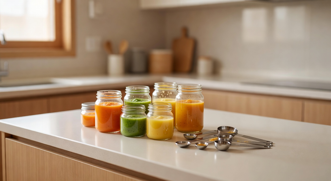 baby food preparation setup with glass jars, vegetable purees, and measuring spoons on a kitchen counter