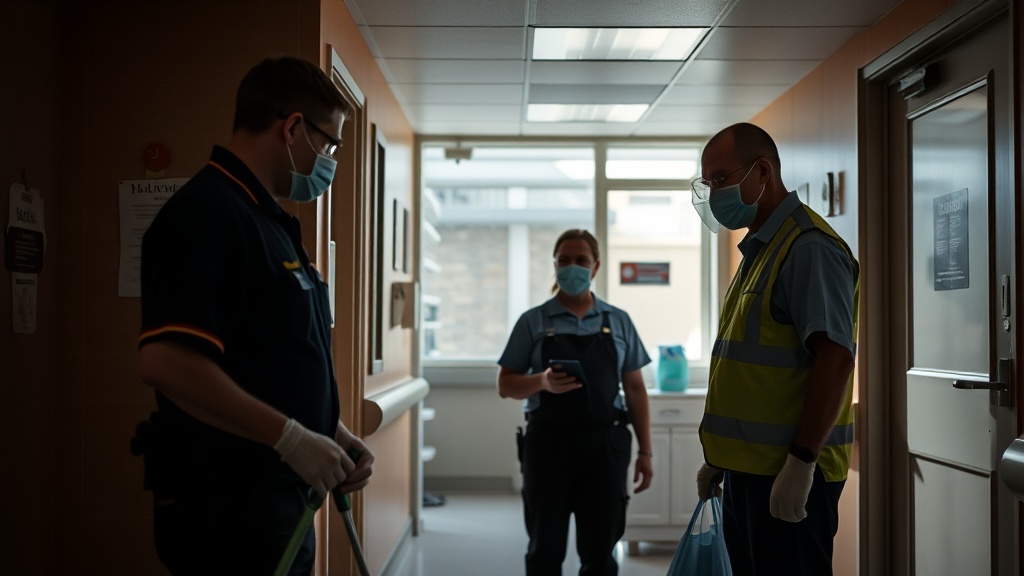 A news-style photograph capturing cleaners and security staff working diligently in a rural British Columbia healthcare facility, reflecting their essential roles.