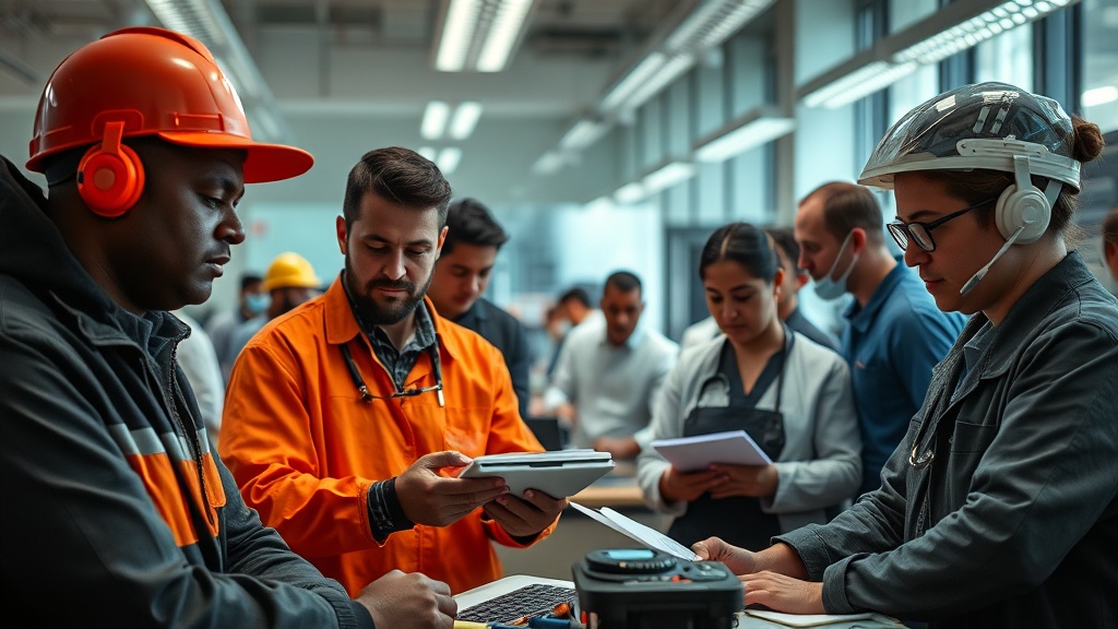 A busy office setting with diverse trade and healthcare workers collaborating, showcasing teamwork and focus in a professional environment. High resolution, vibrant colors, no text.